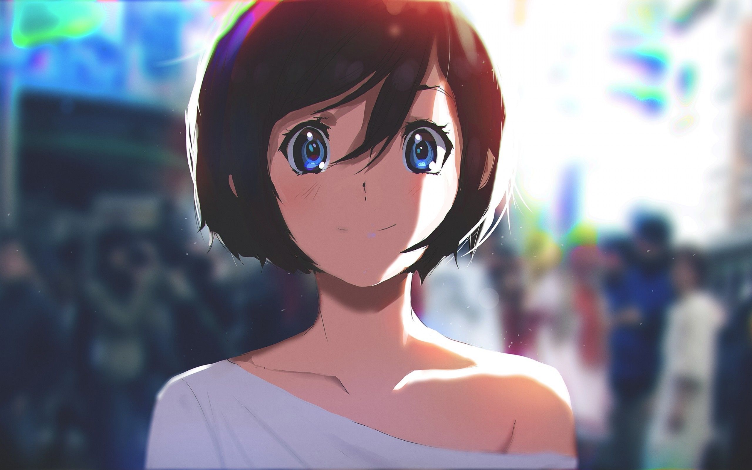 Download 2560x1600 Anime Girl, Sunlight, Smiling, Short Hair, Blue