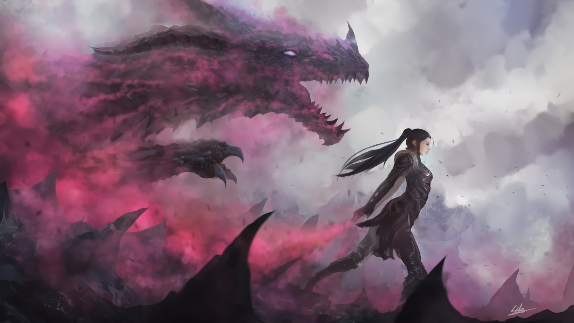 Download 1920x1080 Fantasy Creature, Dragon, Girl, Smoke, Black