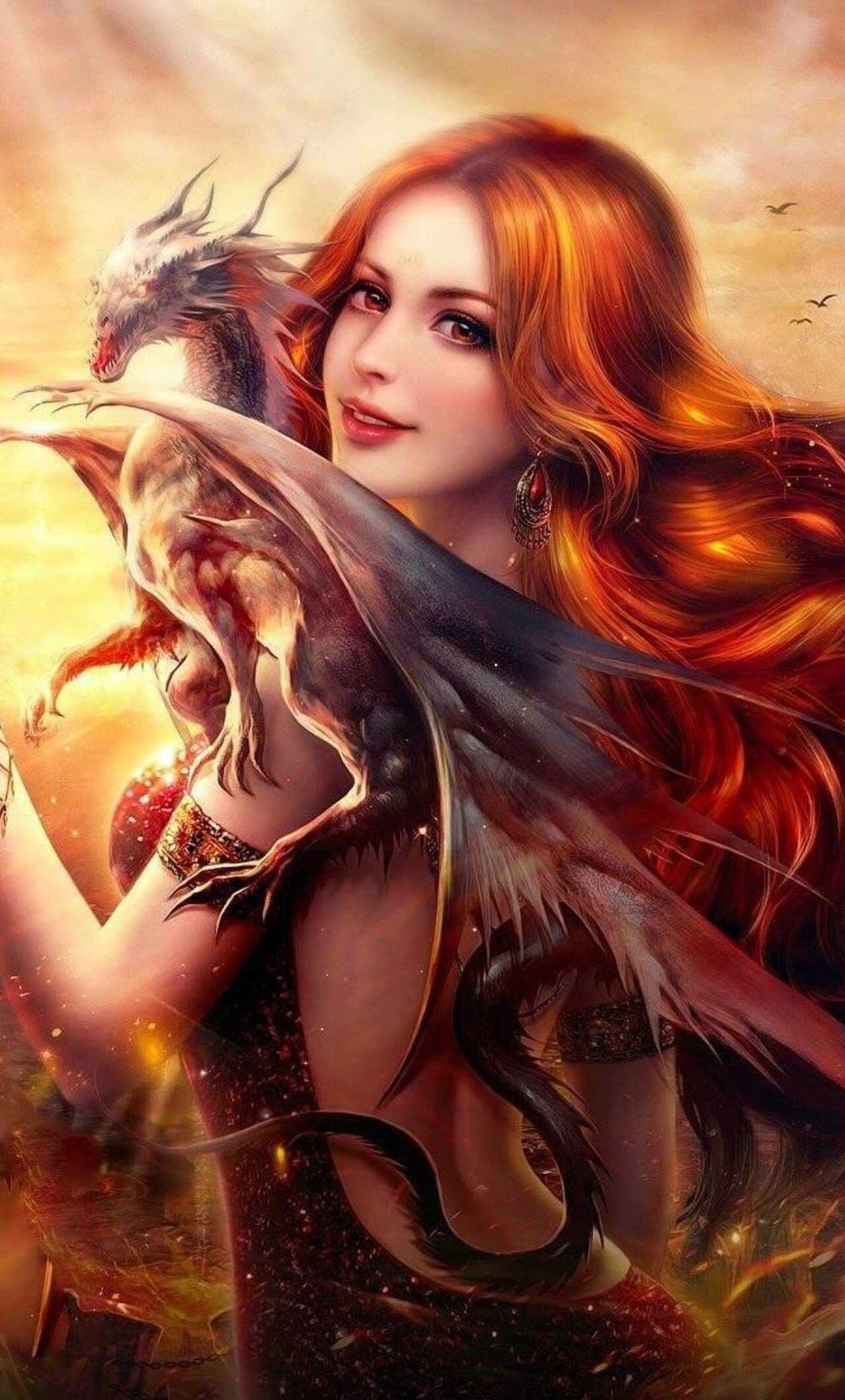 Fantasy Girl Dragon Fire HD Wallpaper (1280x2120)