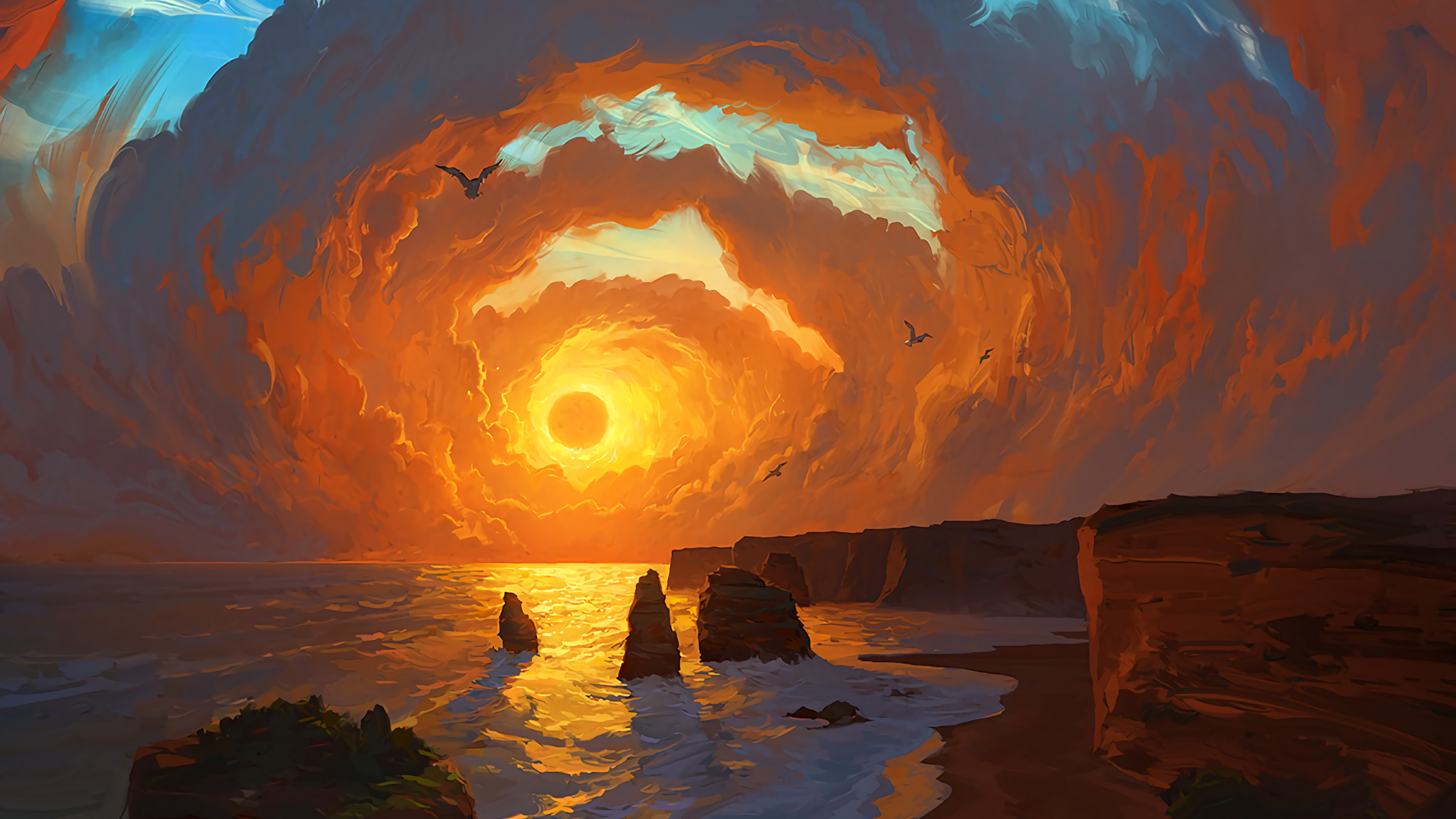 Download 3840x2160 Fantasy Landscape, Sunset, Rocks, Clouds