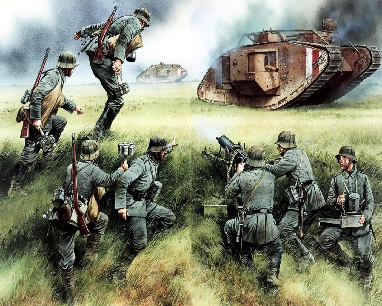 Picture Soldiers Amiens 1918 German tank buster Painting Art Army
