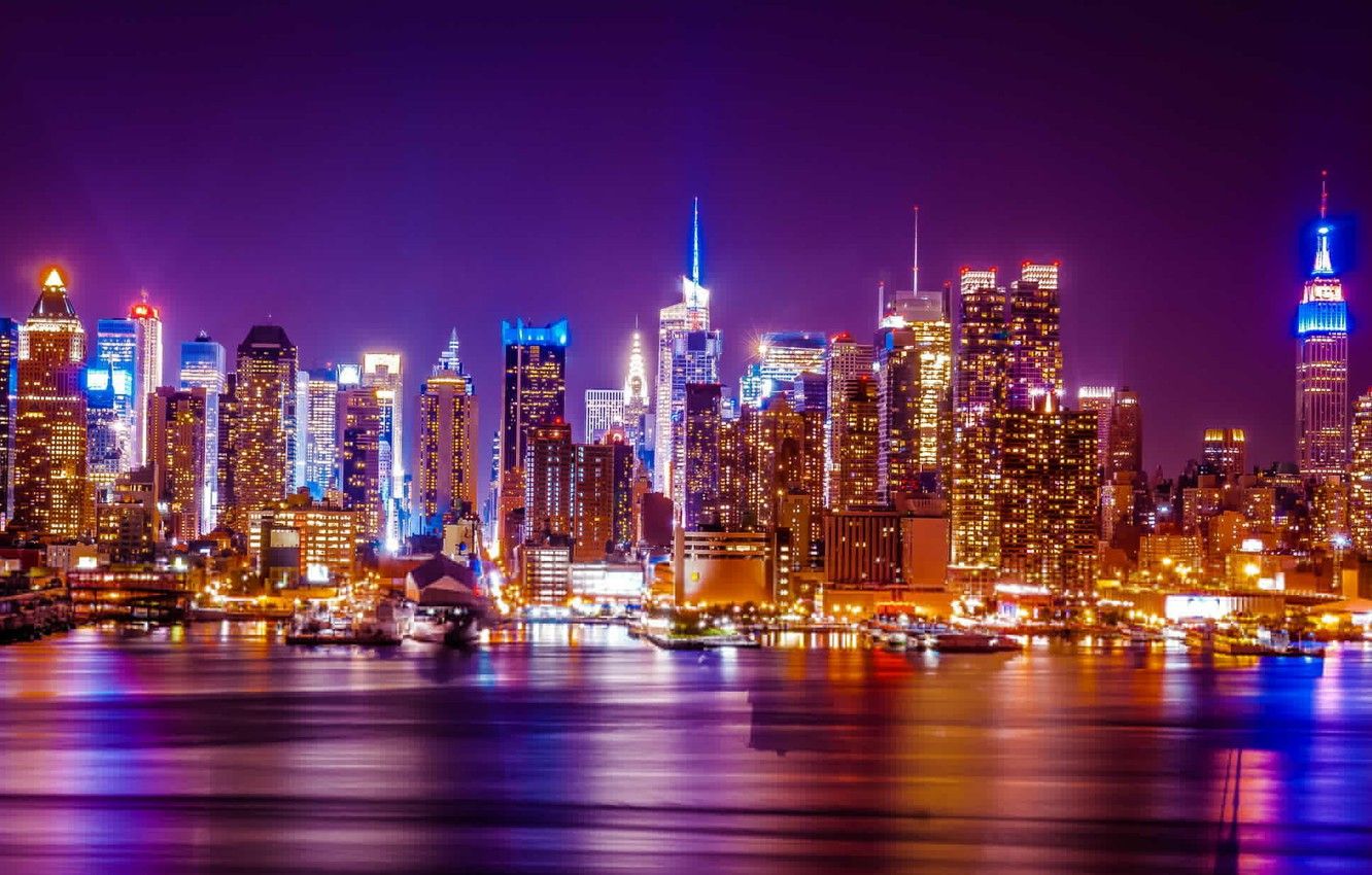 Wallpaper night, the city, lights, skyscrapers, panorama, skyline, WTC, New York city, Hudson river, city skyline image for desktop, section город