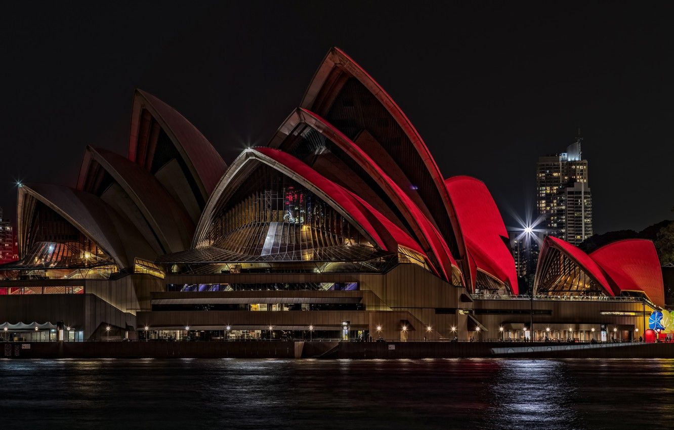Wallpaper sea, water, light, night, red, the city, lights