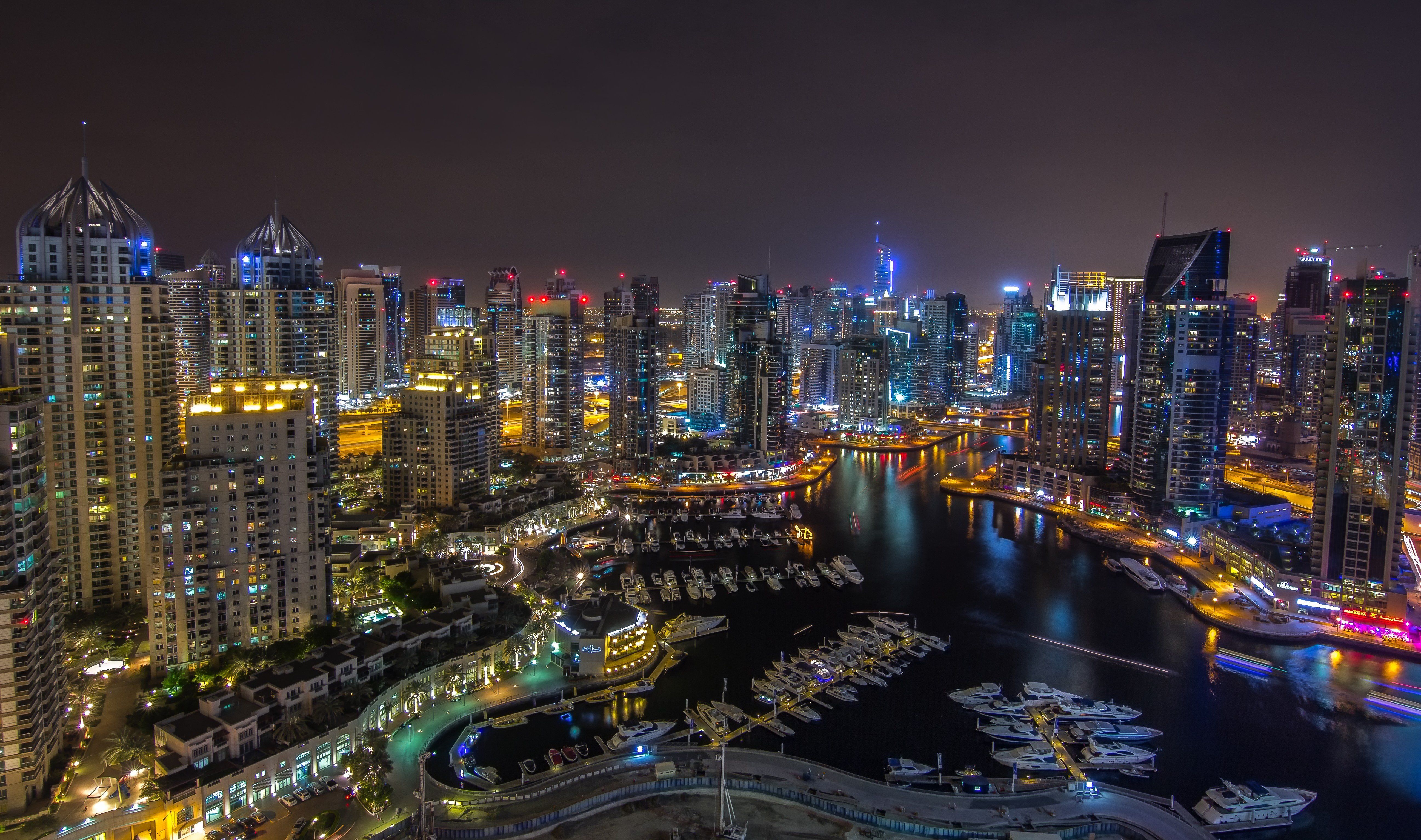 dubai, Uae, Night, City, Panorama, Roads, Buildings, Skyscraper