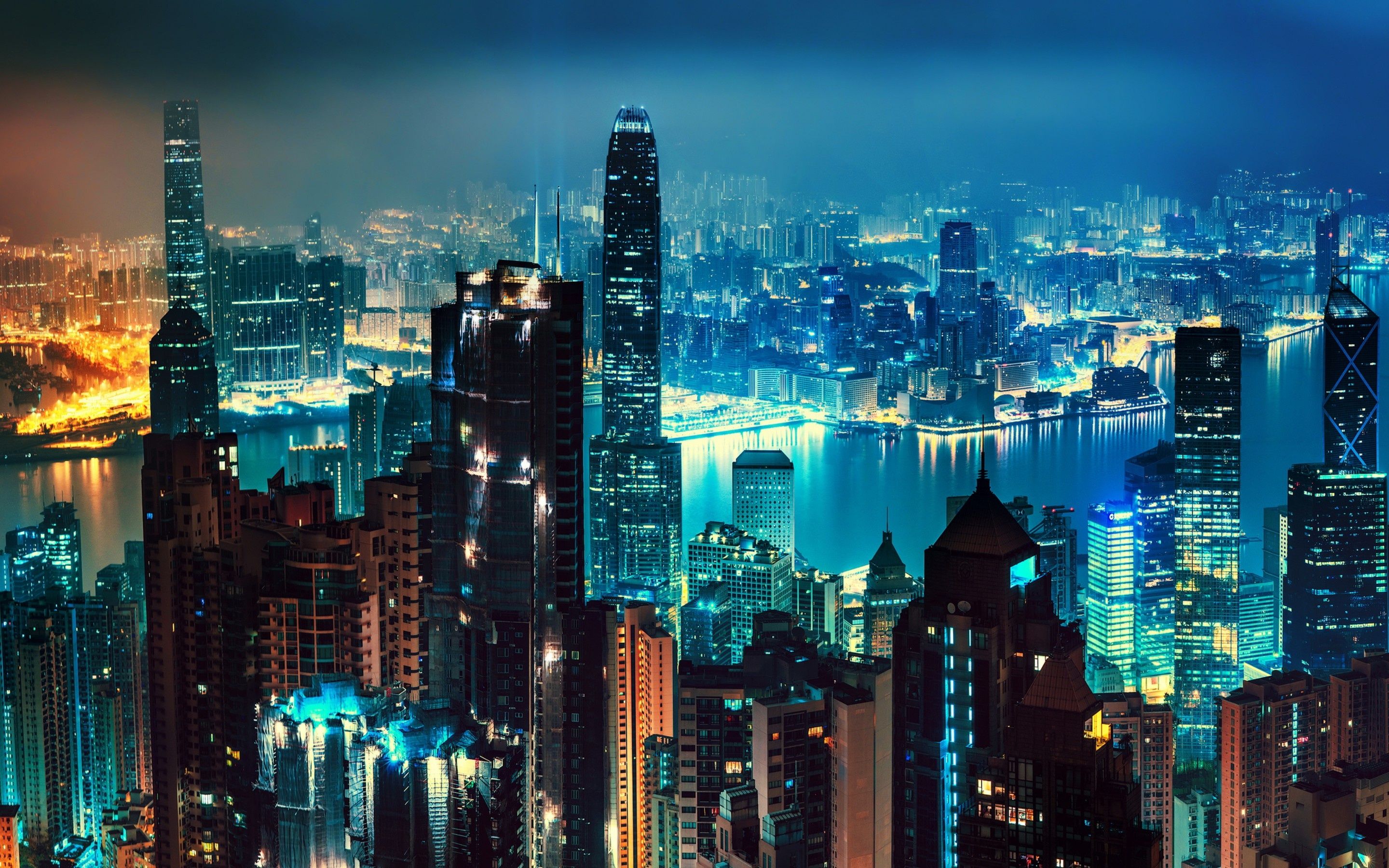Wallpaper hong kong, cityscape, skyscrapers, panorama, night, city