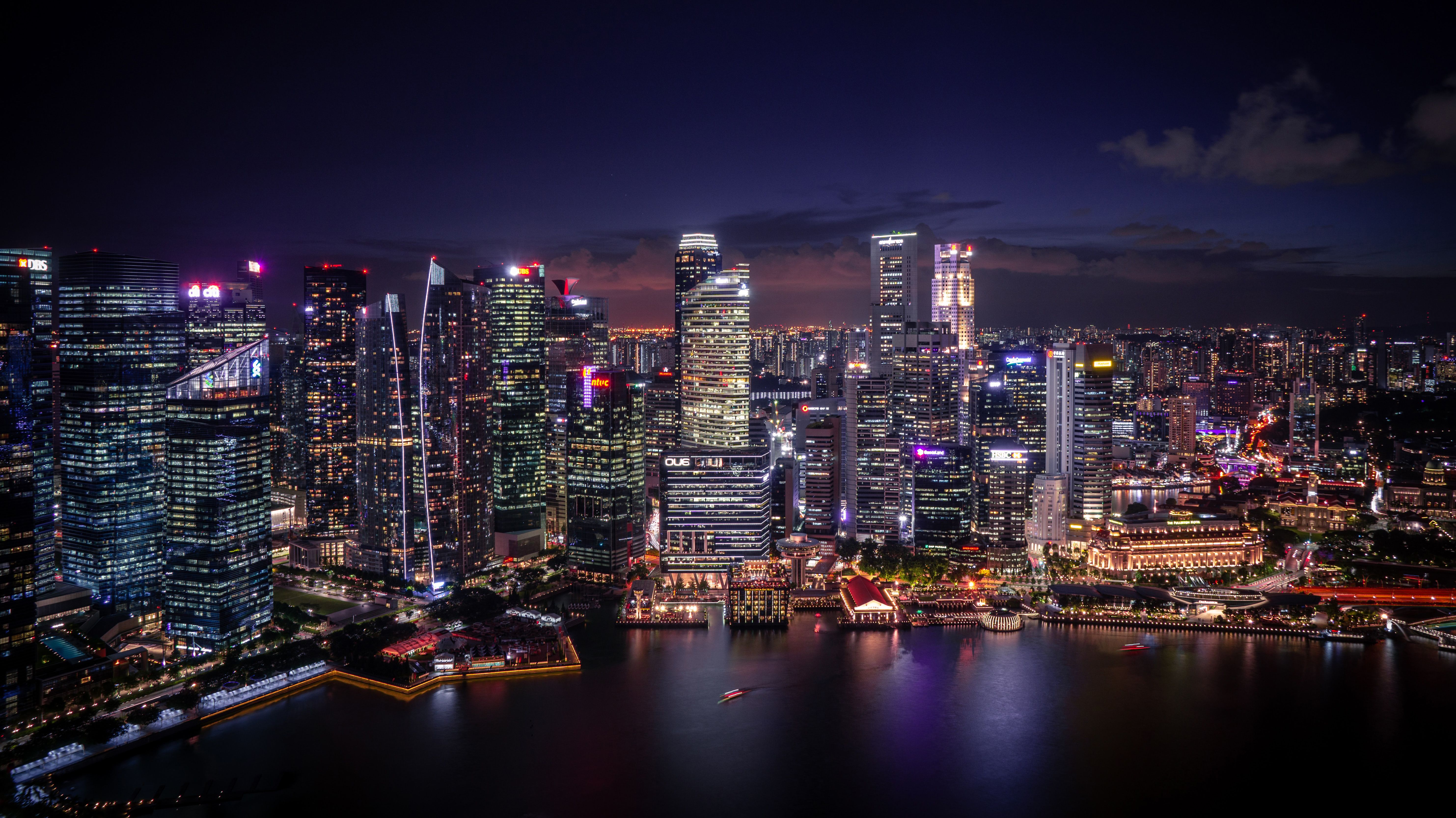 Wallpaper Singapore, Cityscape, Panorama, City lights, Nightscape