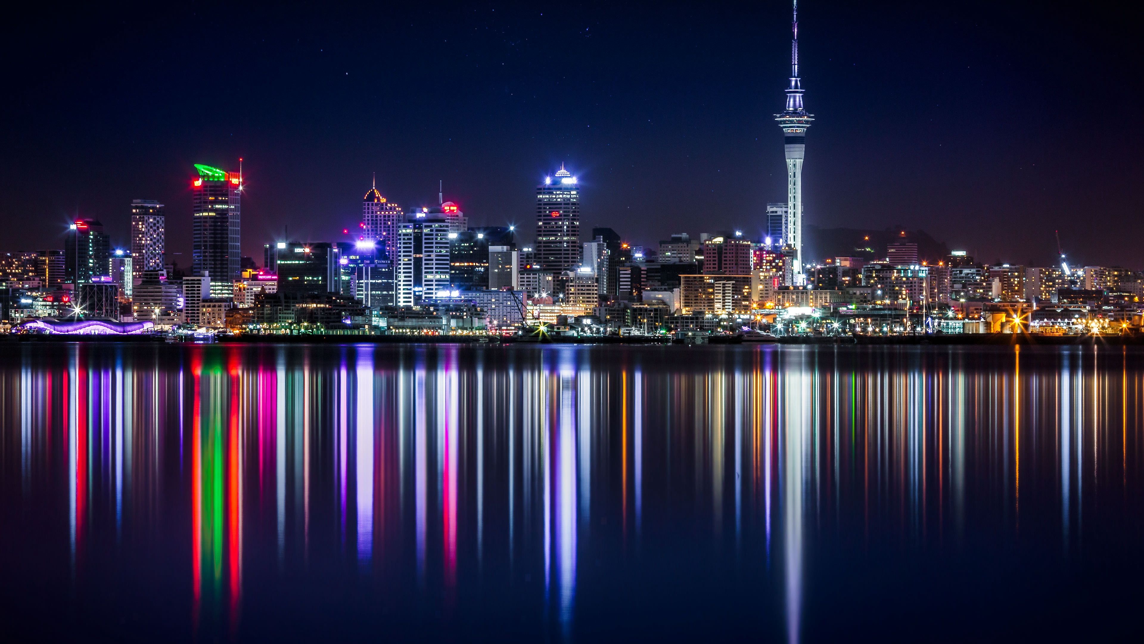 Wallpaper 4k new zealand, panorama, skyscrapers, buildings, shore, lighting 4k Wallpaper