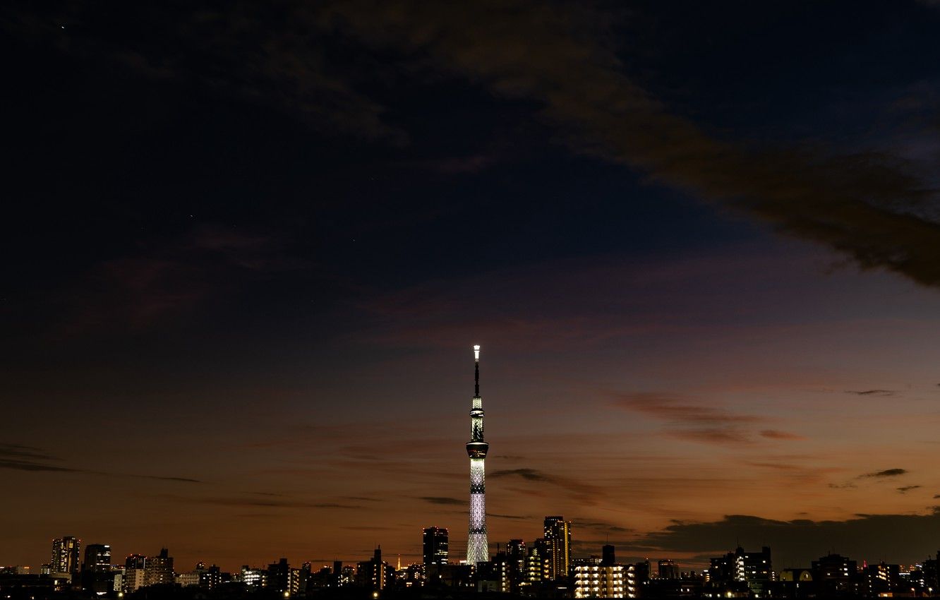 Wallpaper city, lights, dark, Japan, twilight, tower, river, sky