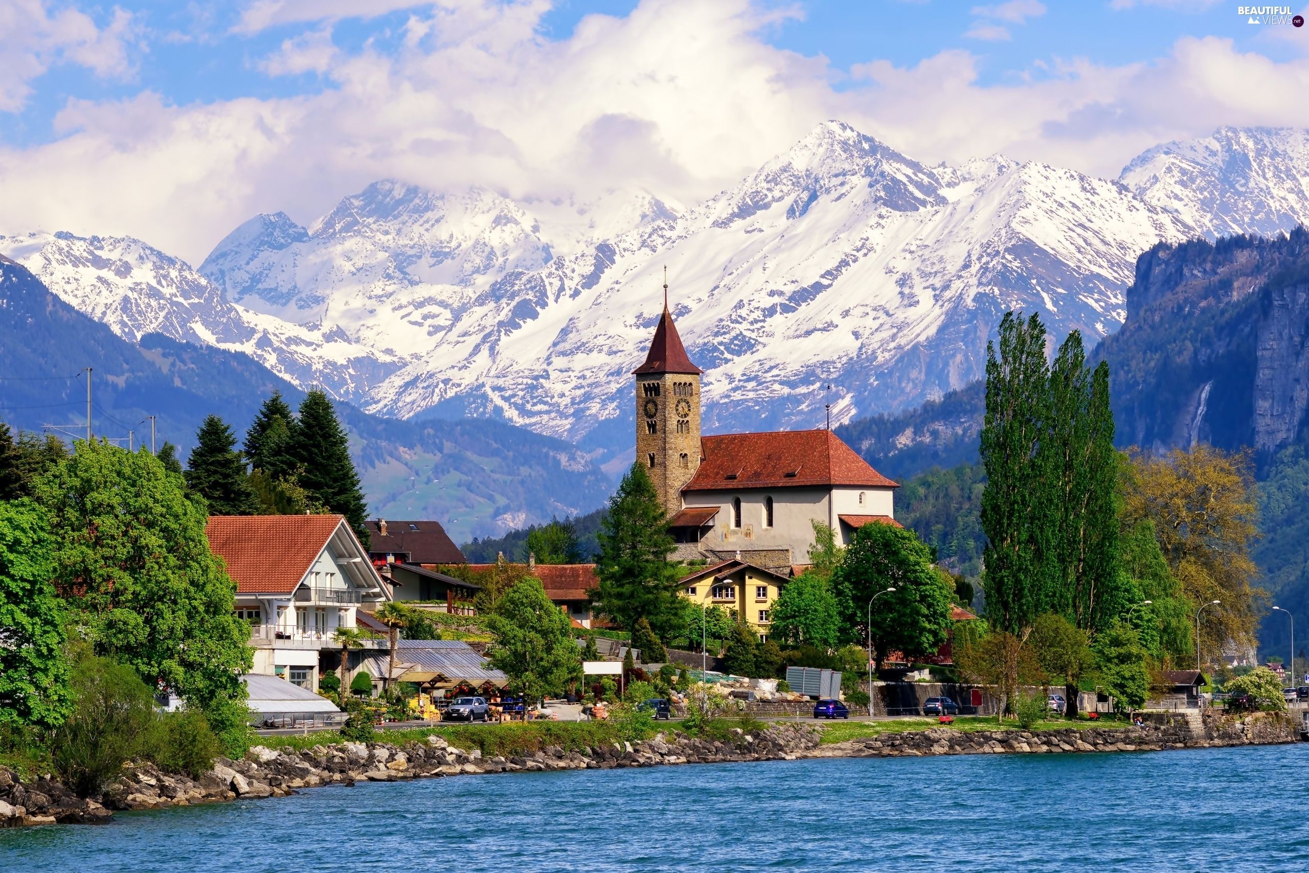lake, village, Alps, Switzerland, Mountains, Houses views wallpaper: 2560x1708