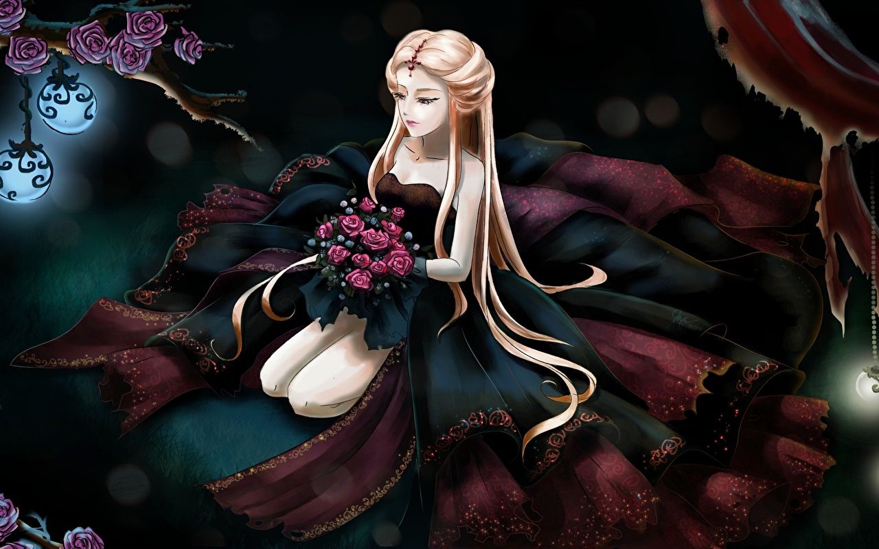 Image Blonde girl Roses Anime young woman Dress