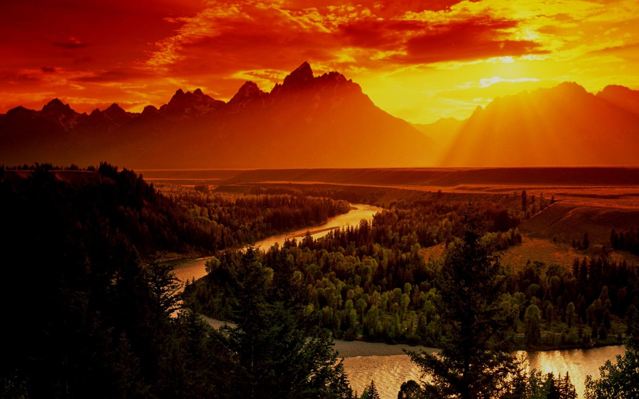 Sunset mountains nature forests valleys rivers wallpaper