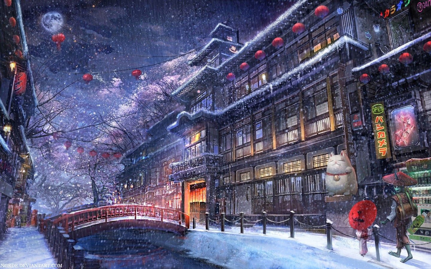 Download 1440x900 Anime Traditional City, Raining, Snow, Moon, People, River Wallpaper for MacBook Pro 15 inch, MacBook Air 13 inch