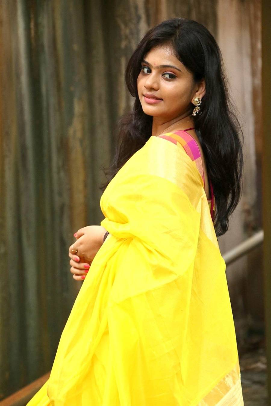Beautiful Tamil Girl Megana In Traditional Indian Yellow Saree