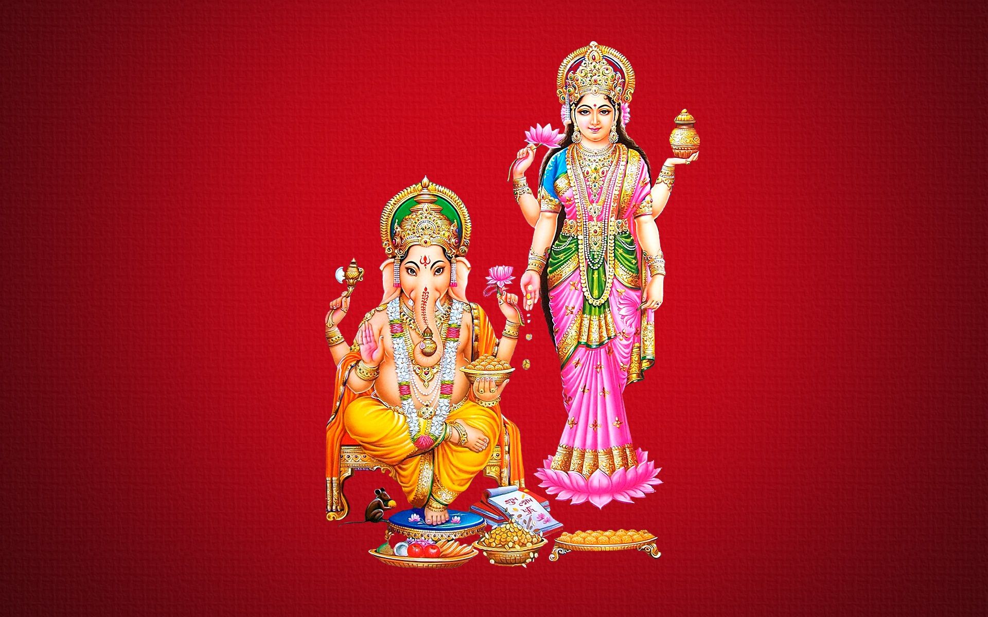 Mata Laxmi With Ganesh Red Background HD Desktop Wallpaper