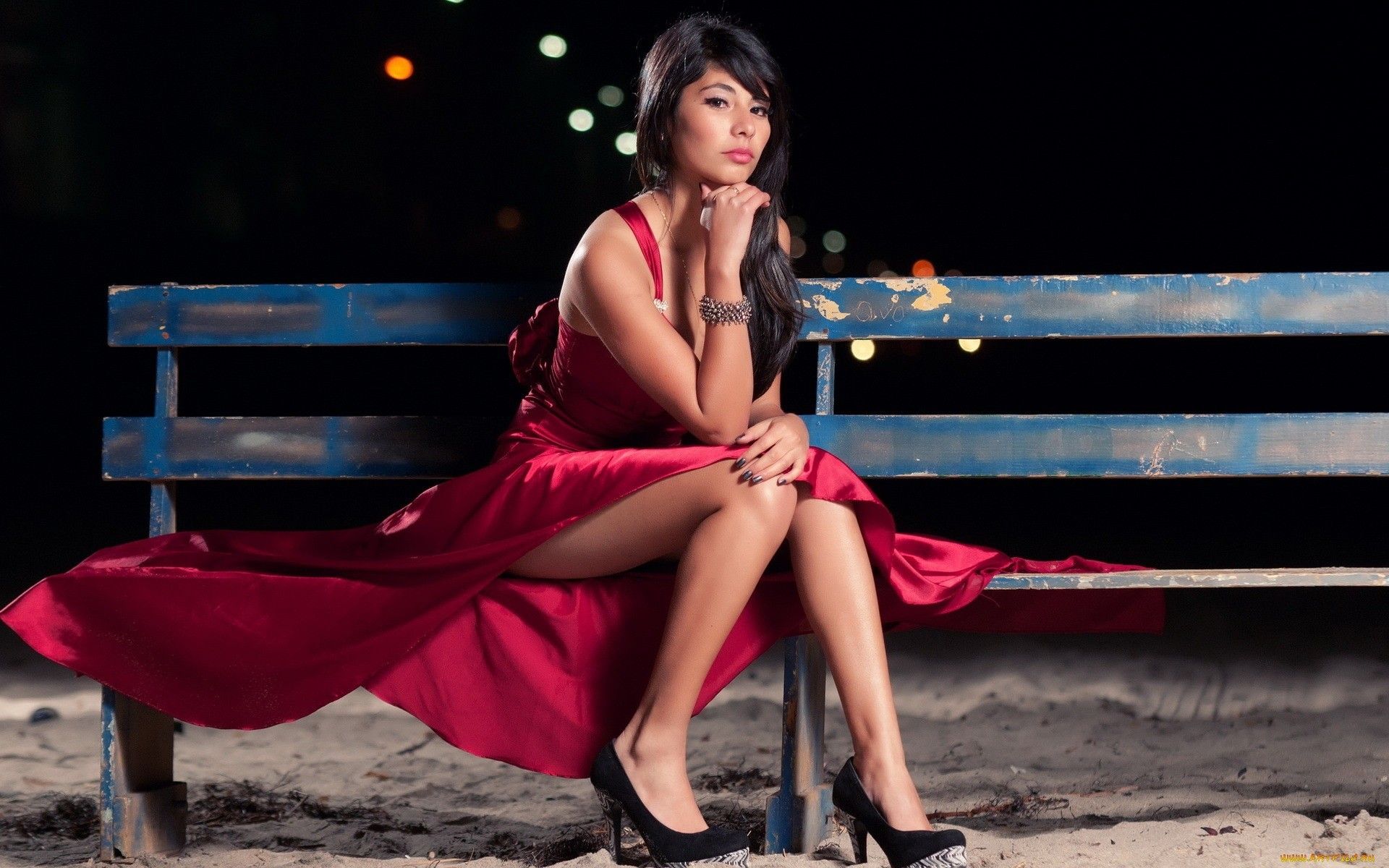 women, bench, satin, high heels, asians, red dress, models