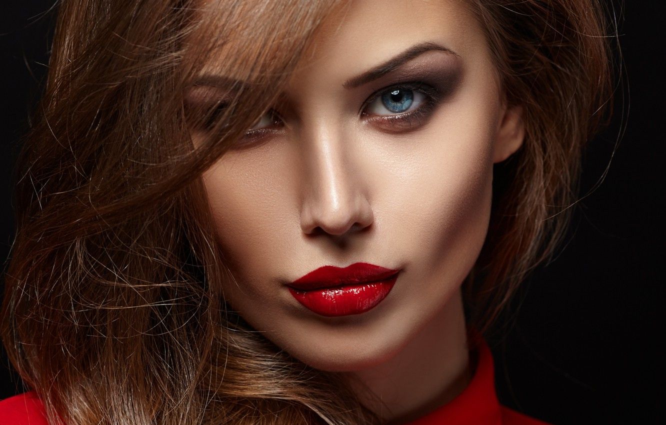 Wallpaper look, girl, face, hair, makeup, blouse, black background