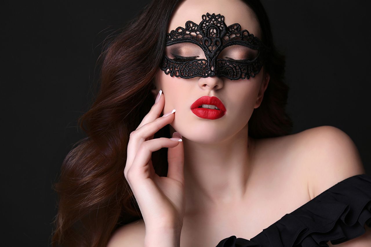 Image Brown haired Beautiful young woman Masks Fingers Red lips