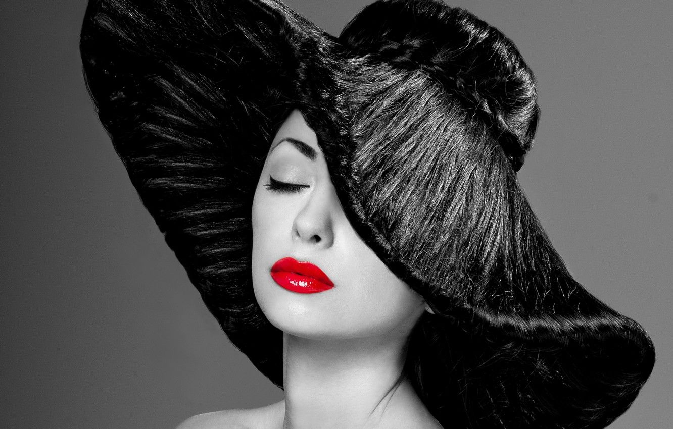 Wallpaper girl, photo, hat, makeup, black and white, red lips