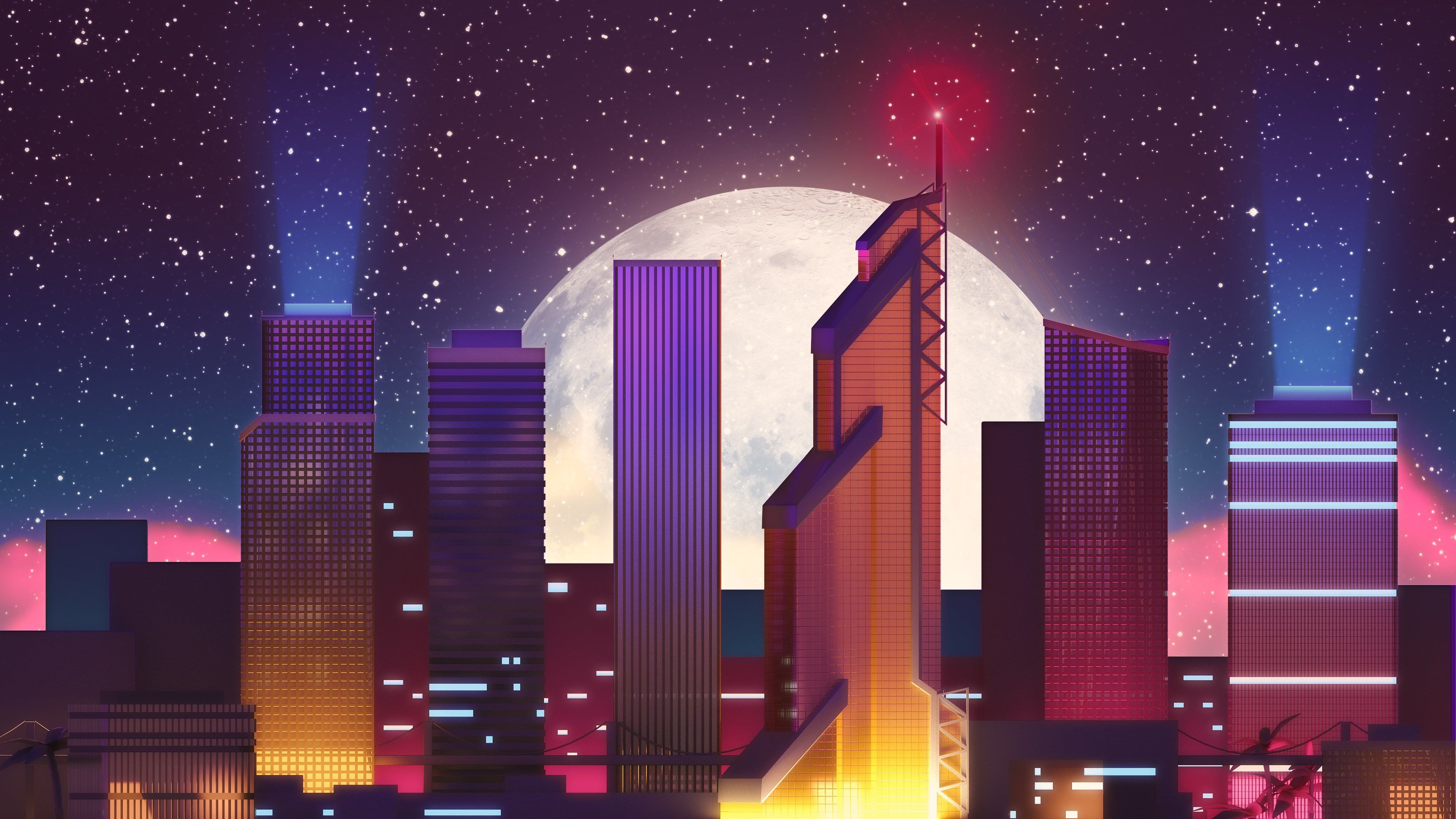 Moscow Skyscrapers Retro Neon Moon. Cartoon wallpaper hd, HD