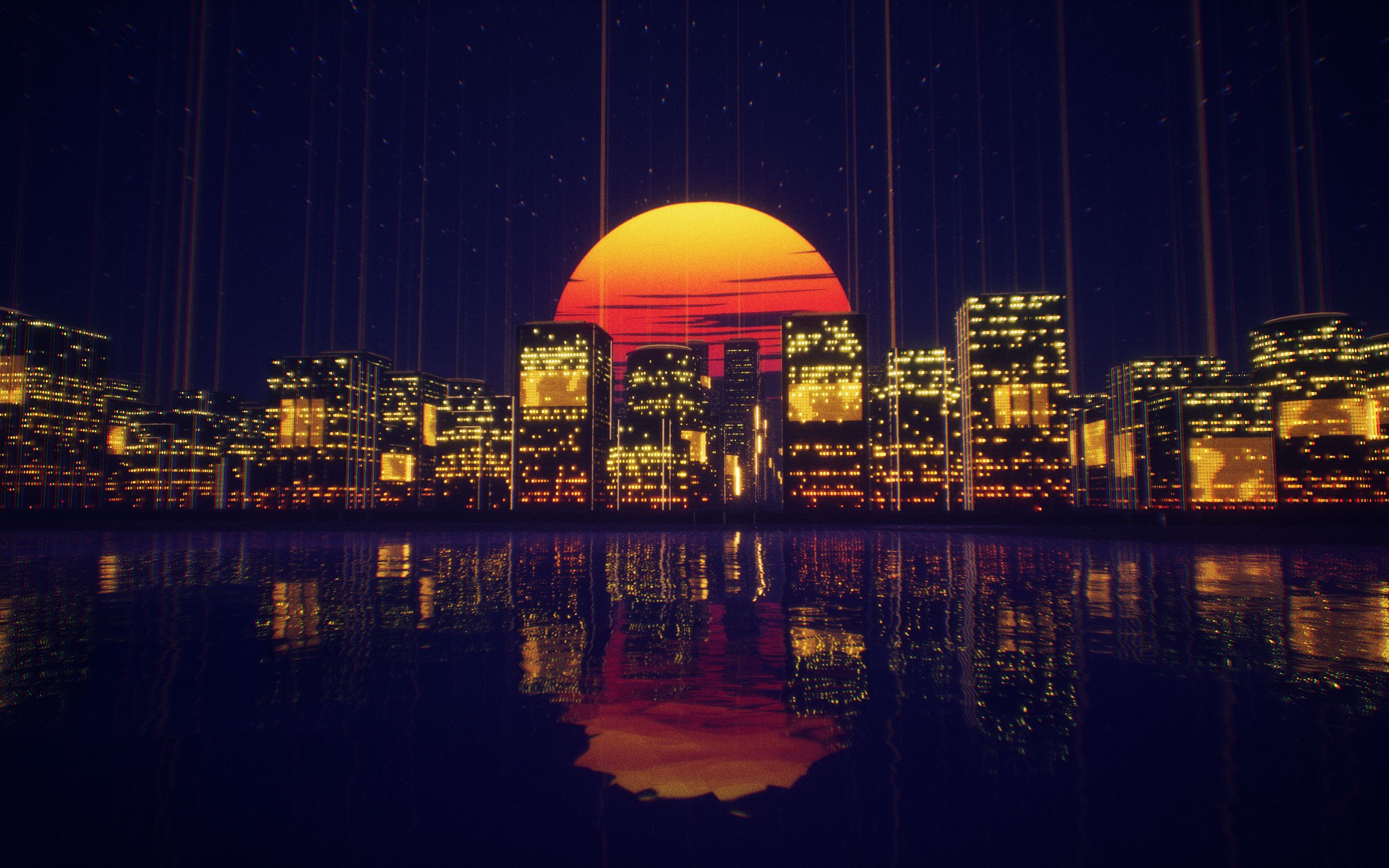 Abstract City Retro Sunset Night 4k 2560x1600 Resolution