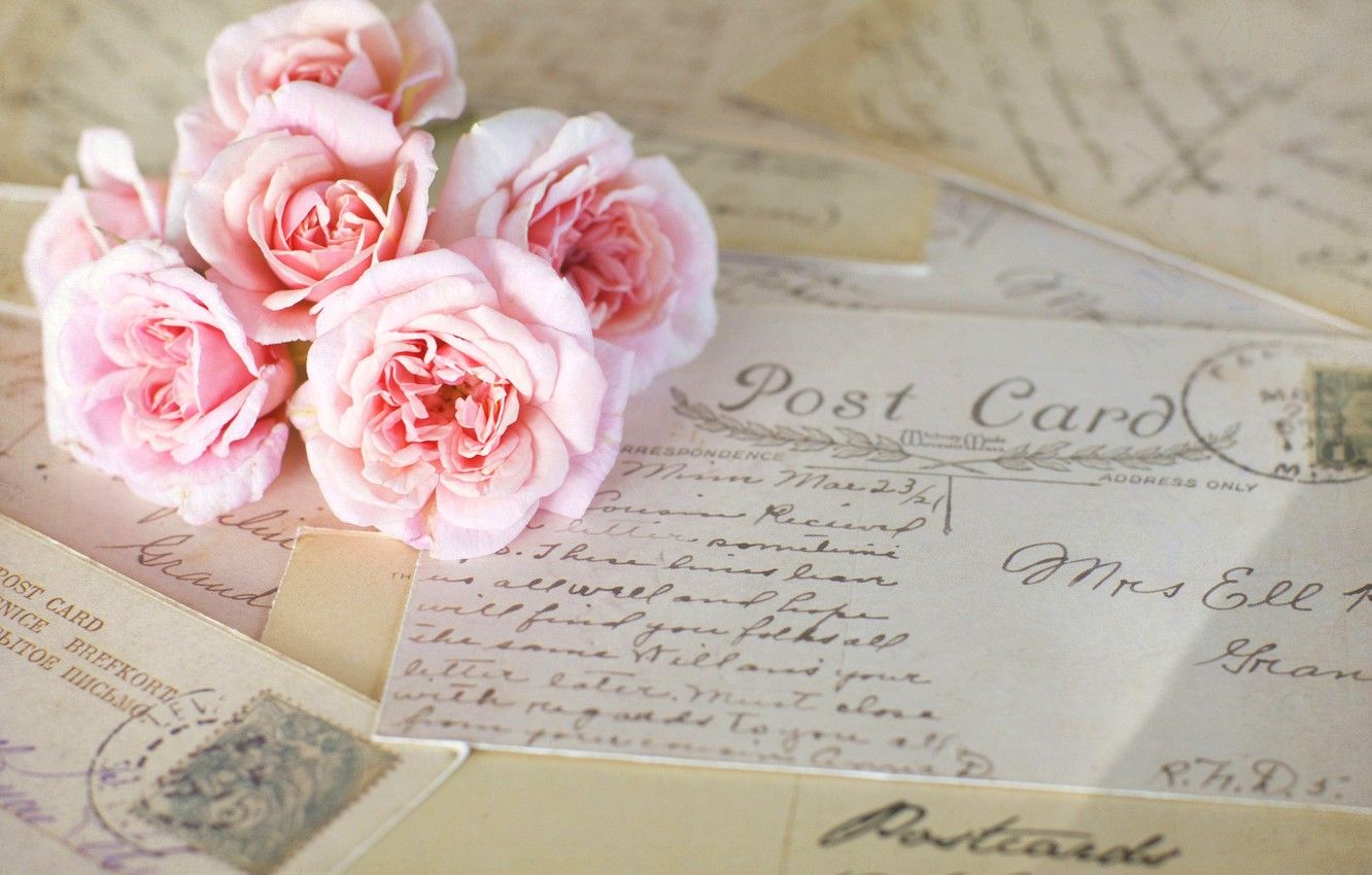 Wallpaper flowers, roses, pink, vintage, letters, cards image