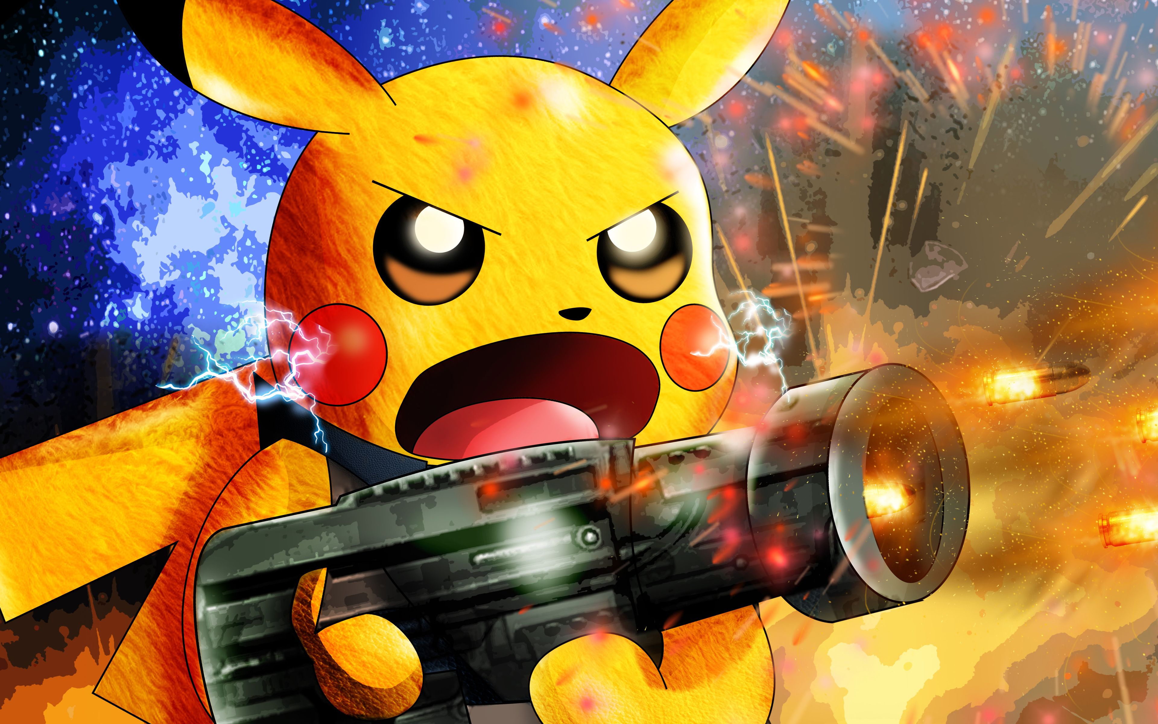 Download wallpaper 4k, Pikachu, gun, Pokemon, chubby rodent