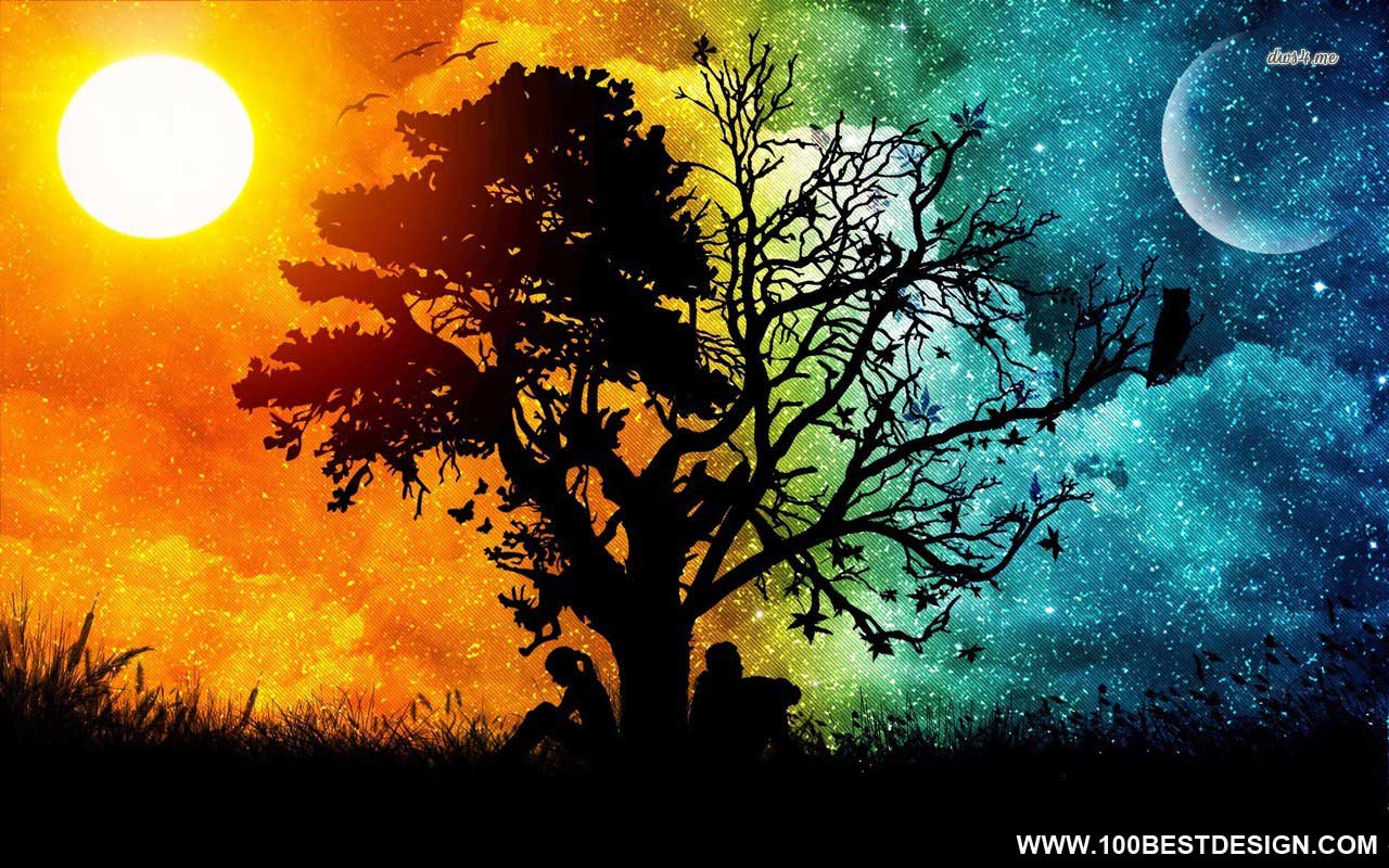 HD wallpaper day and night wallplayer island tree worlds people  silhouettes  Wallpaper Flare