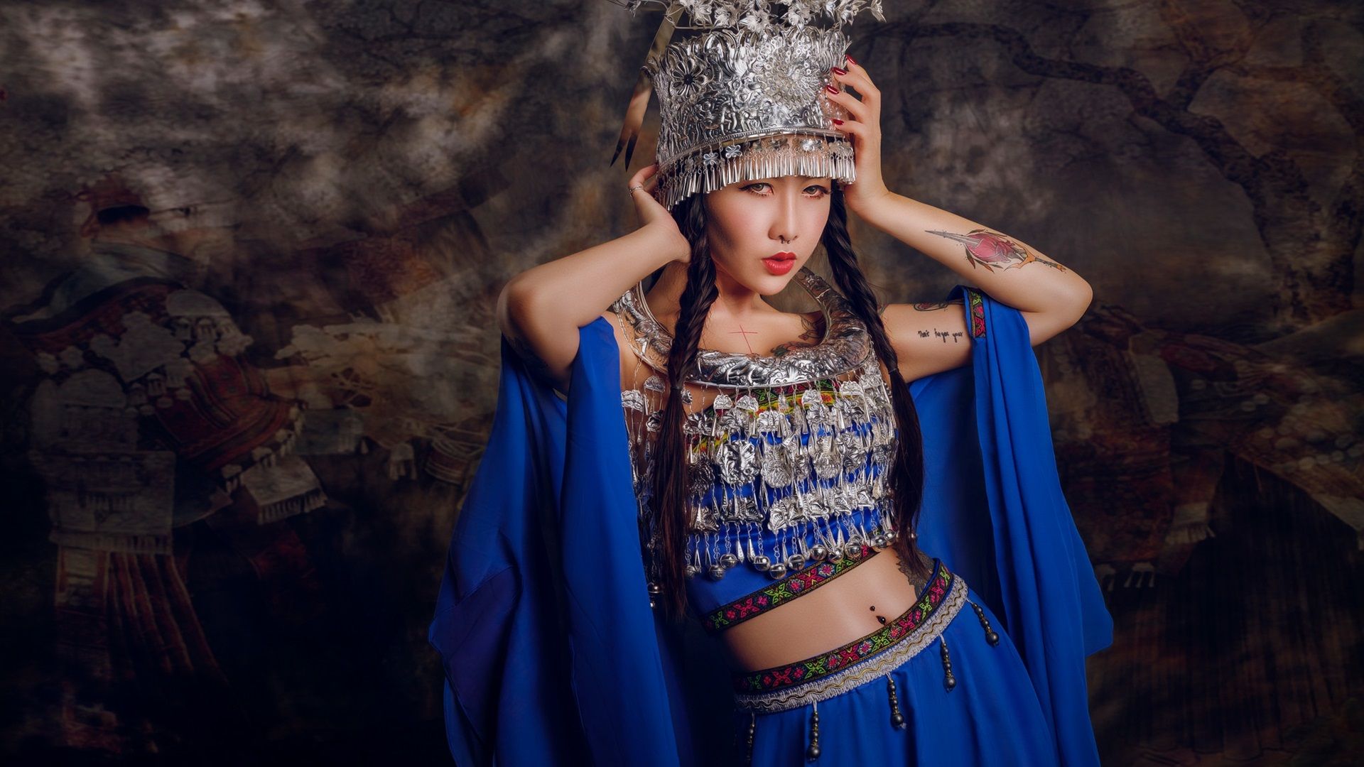 Wallpaper Chinese girl, tattoo, headdress, blue dress 1920x1440 HD