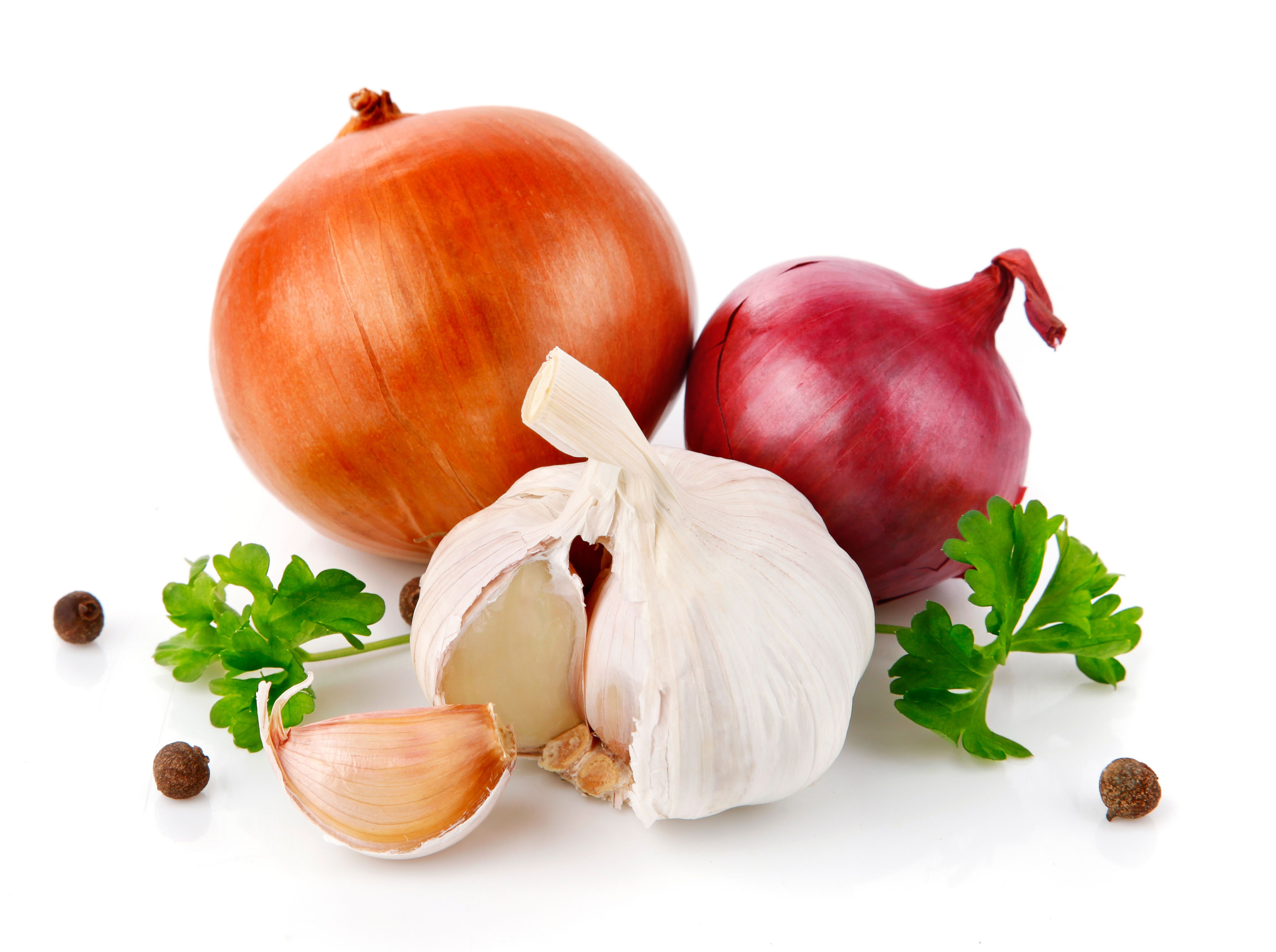 Image Onion Black pepper Allium sativum Food Closeup White 6300x4700