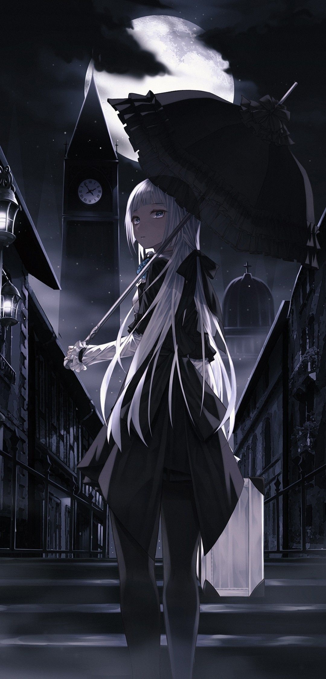 Download 1080x2246 Anime Girl, Umbrella, Dark, White Hair