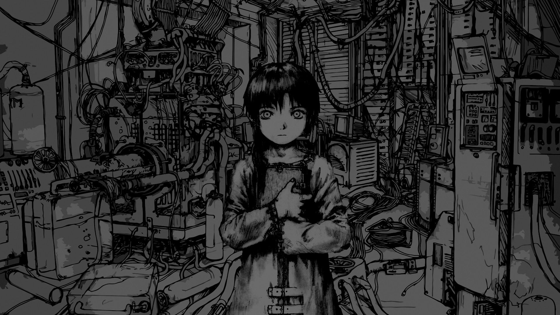 Serial Experiments Lain, Anime Girls, Monochrome, Machine