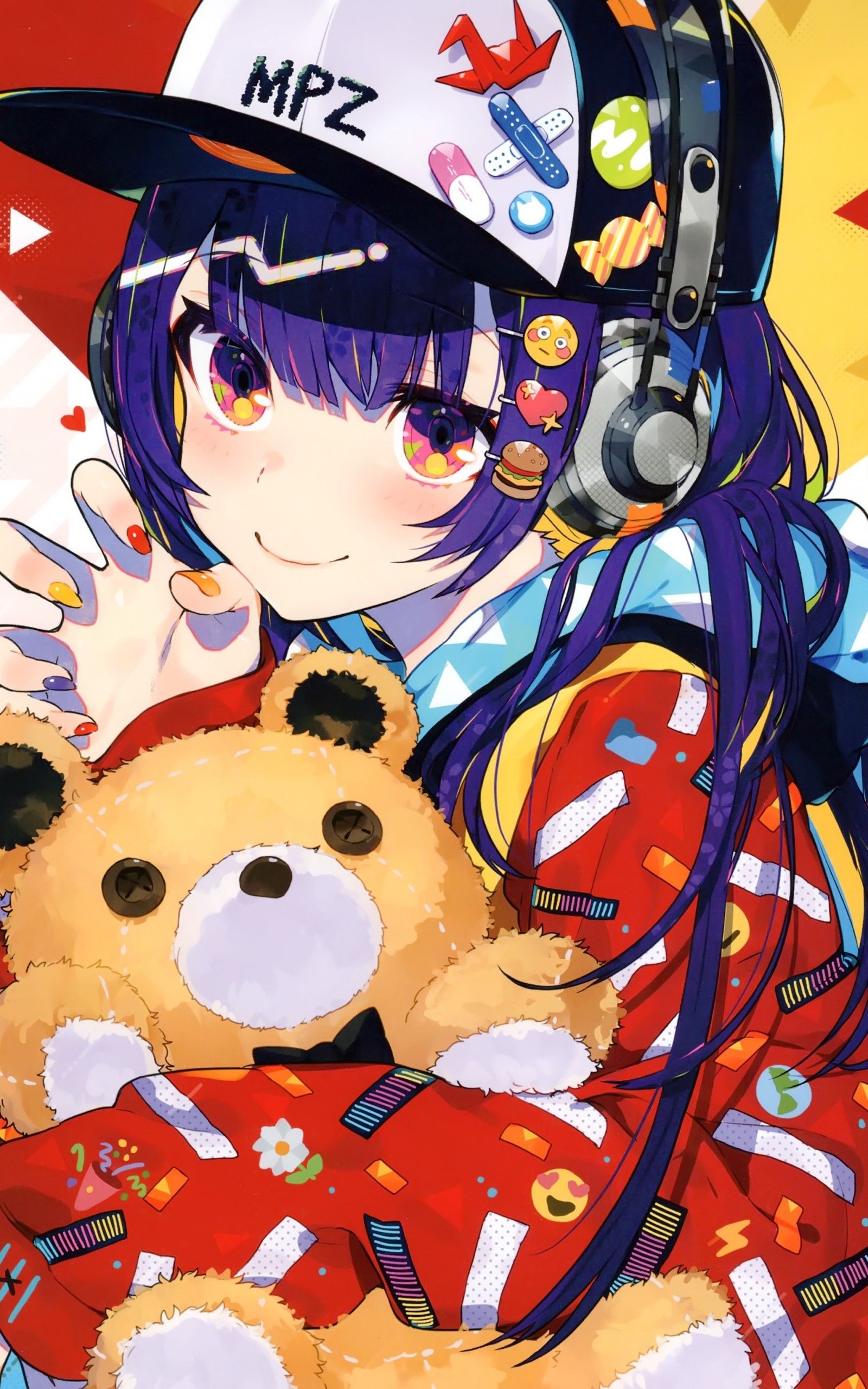 Download 1600x2560 Anime Girl, Headphones, Purple Hair, Cap, Teddy