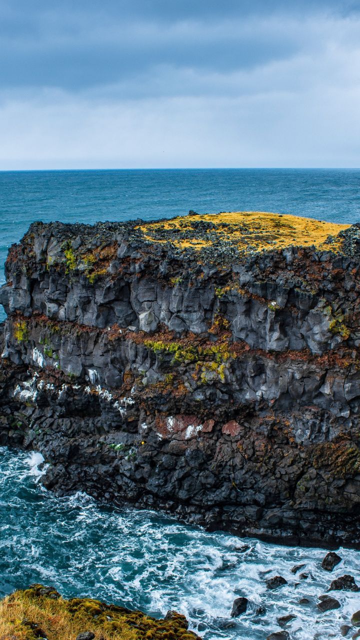 Rock, cliff, coast, blue sea, Iceland, 720x1280 wallpaper in 2020
