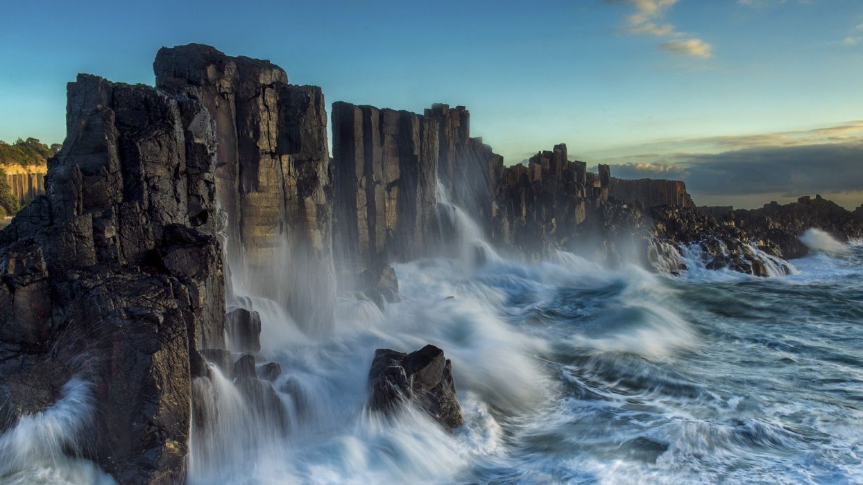 Nature landscape sea waves coast long exposure cliff rock clouds