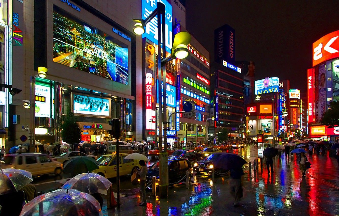 Wallpaper machine, people, rain, street, Tokyo, Japan image