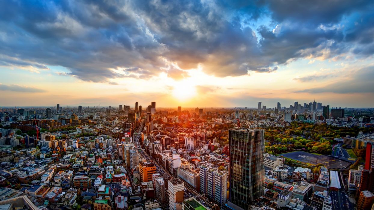 Tokyo Japan panorama buildings road sunset wallpaperx1080