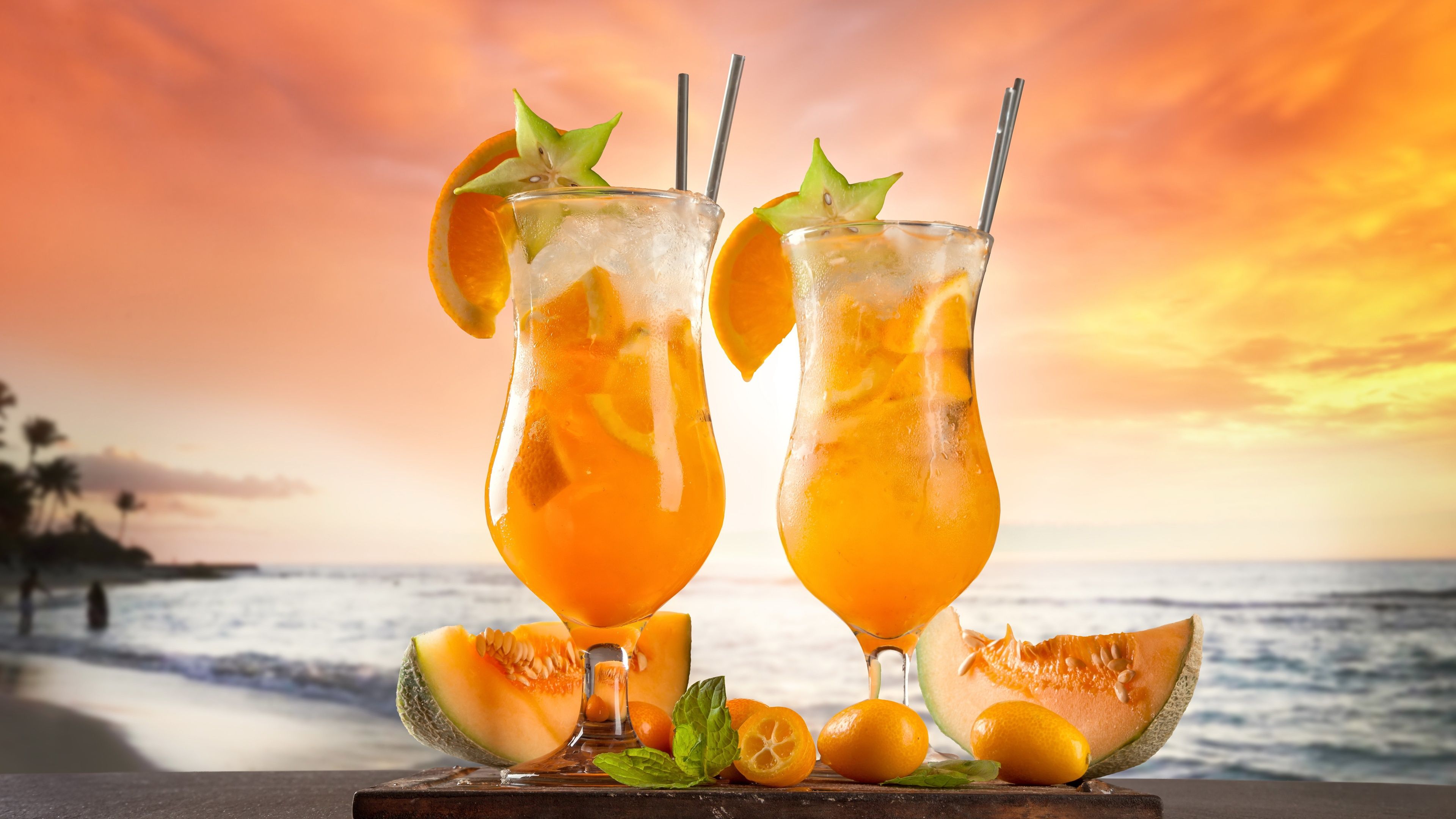 Wallpaper Summer cocktail, fruit, sea, sunset 3840x2160 UHD 4K
