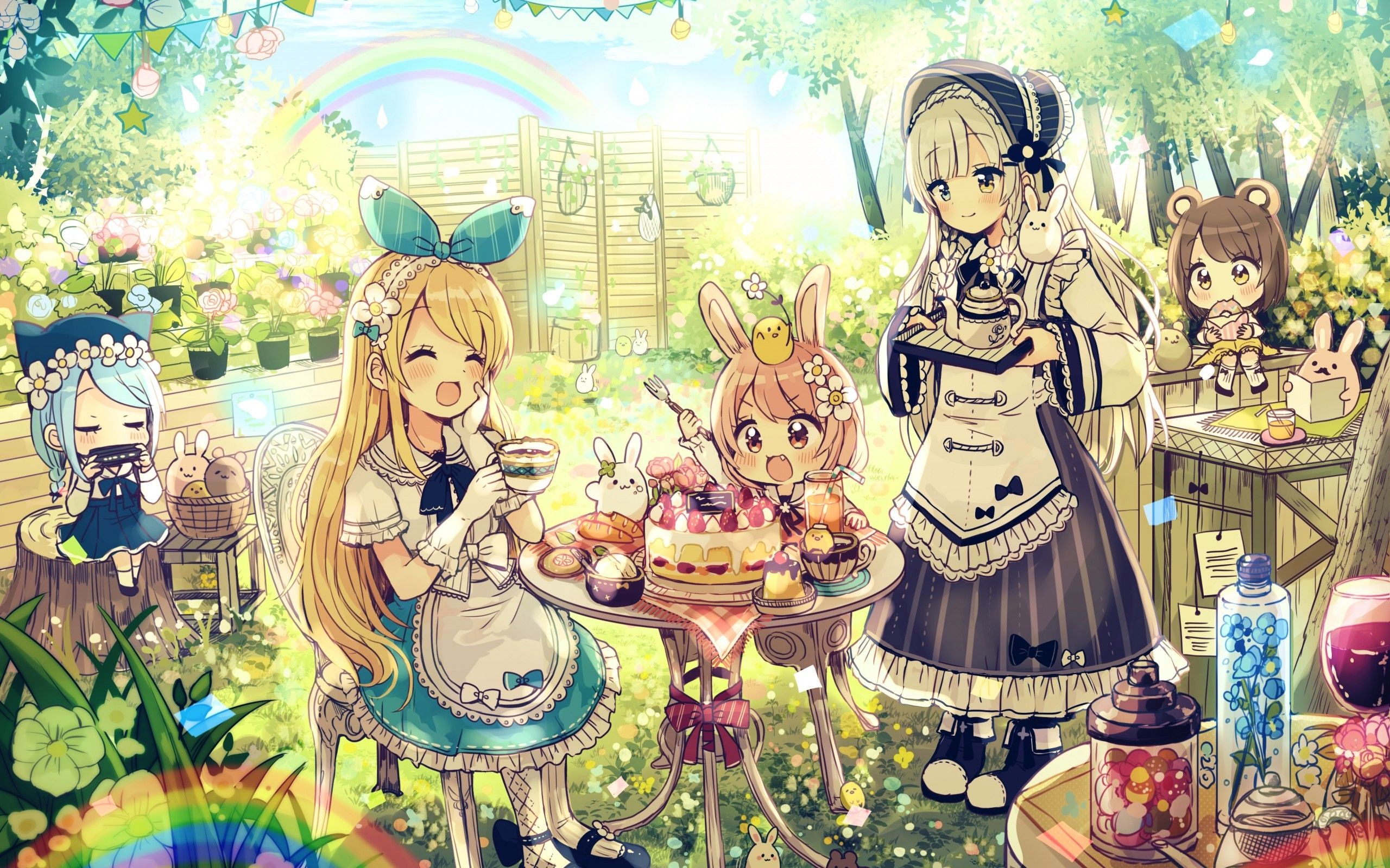 Download 2560x1600 Anime Chibi Girls, Party, Cakes Wallpaper