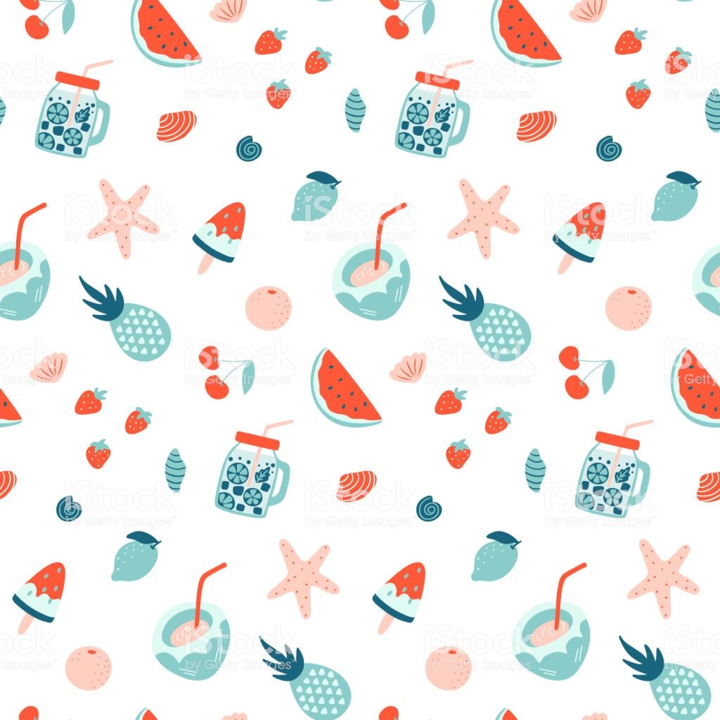 Summer Seamless Pattern Fruits And Cocktails Vacation Mood Vector
