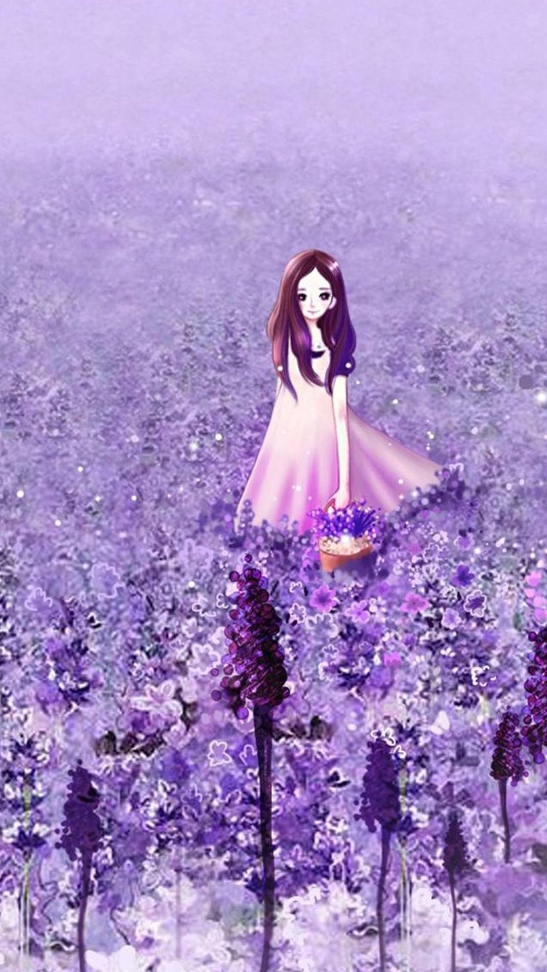 Anime Cute Girl In Purple Flower Garden iPhone 8 Wallpaper. Hình