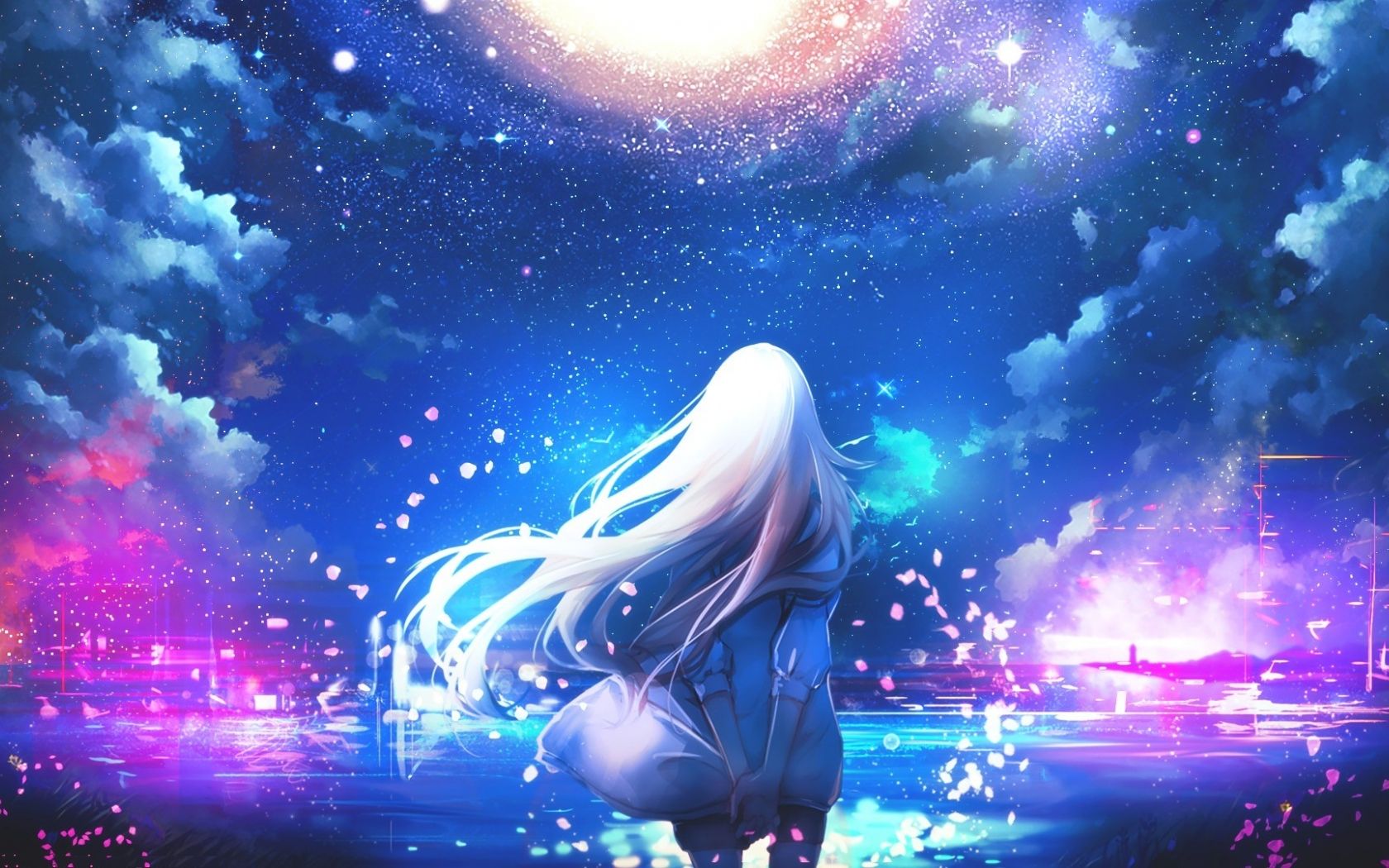 Free download Anime white hair anime girls night sky stars