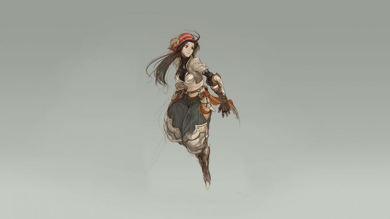 Brunettes women long hair drawings thief daggers pale skin