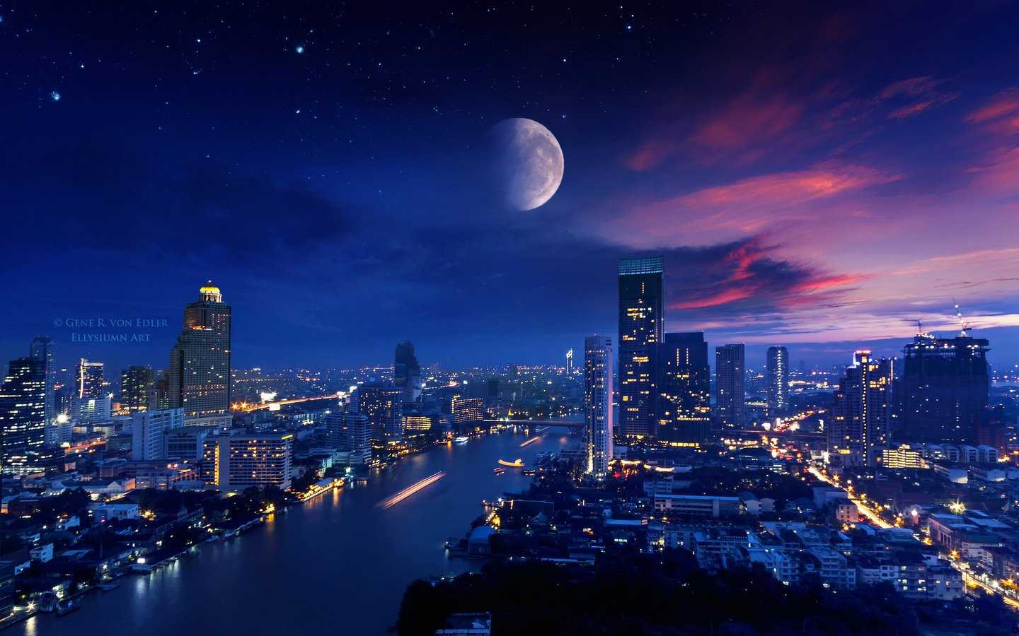 City Lights Moon Vibrant 4K HD Wallpaper (1440x900)