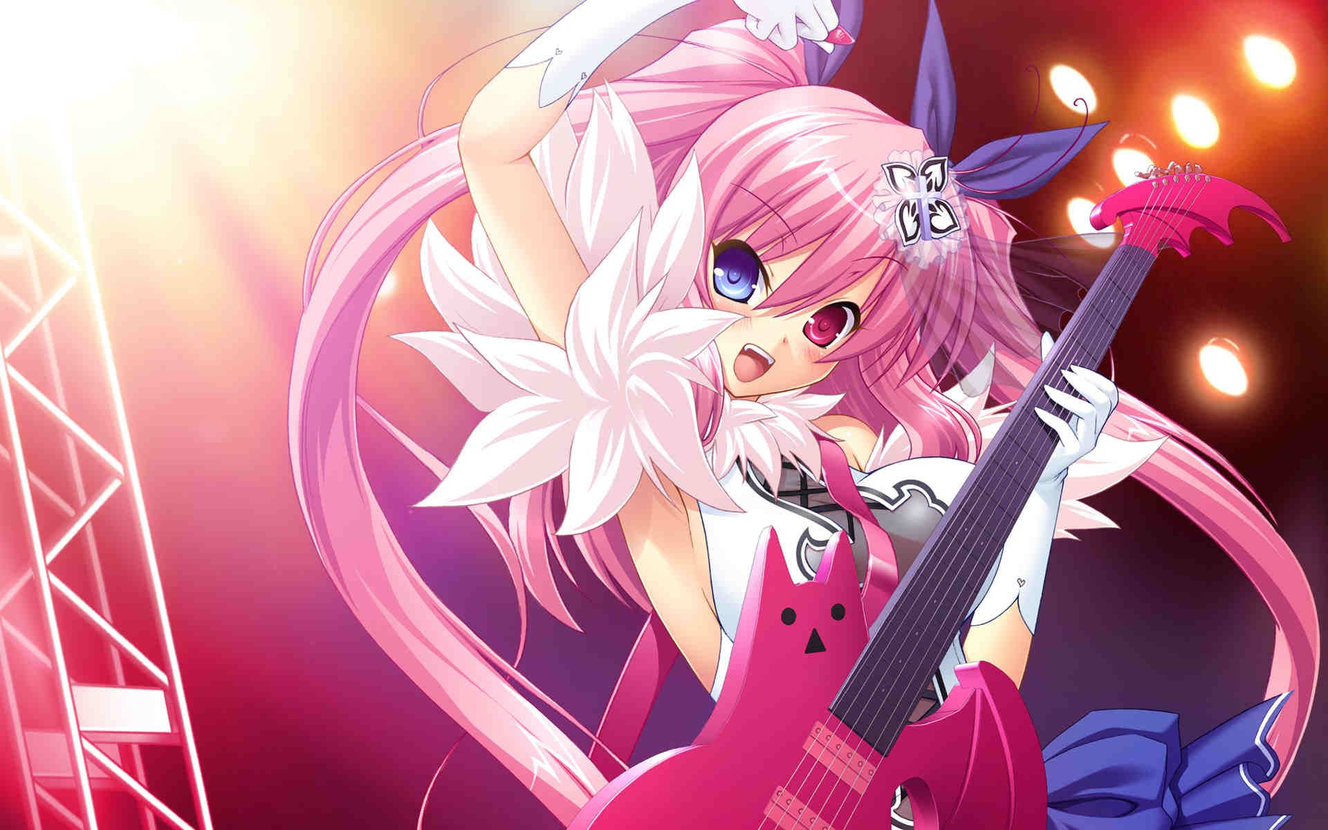 Cute Anime Rocker Girl With Pink Hair And Blue Red Eyes
