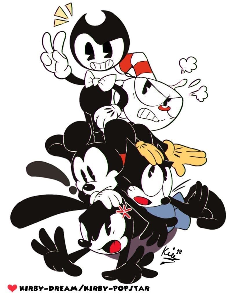 Dog pile! Mickey Mouse, Felix the Cat, Oswald the Rabbit, Cuphead