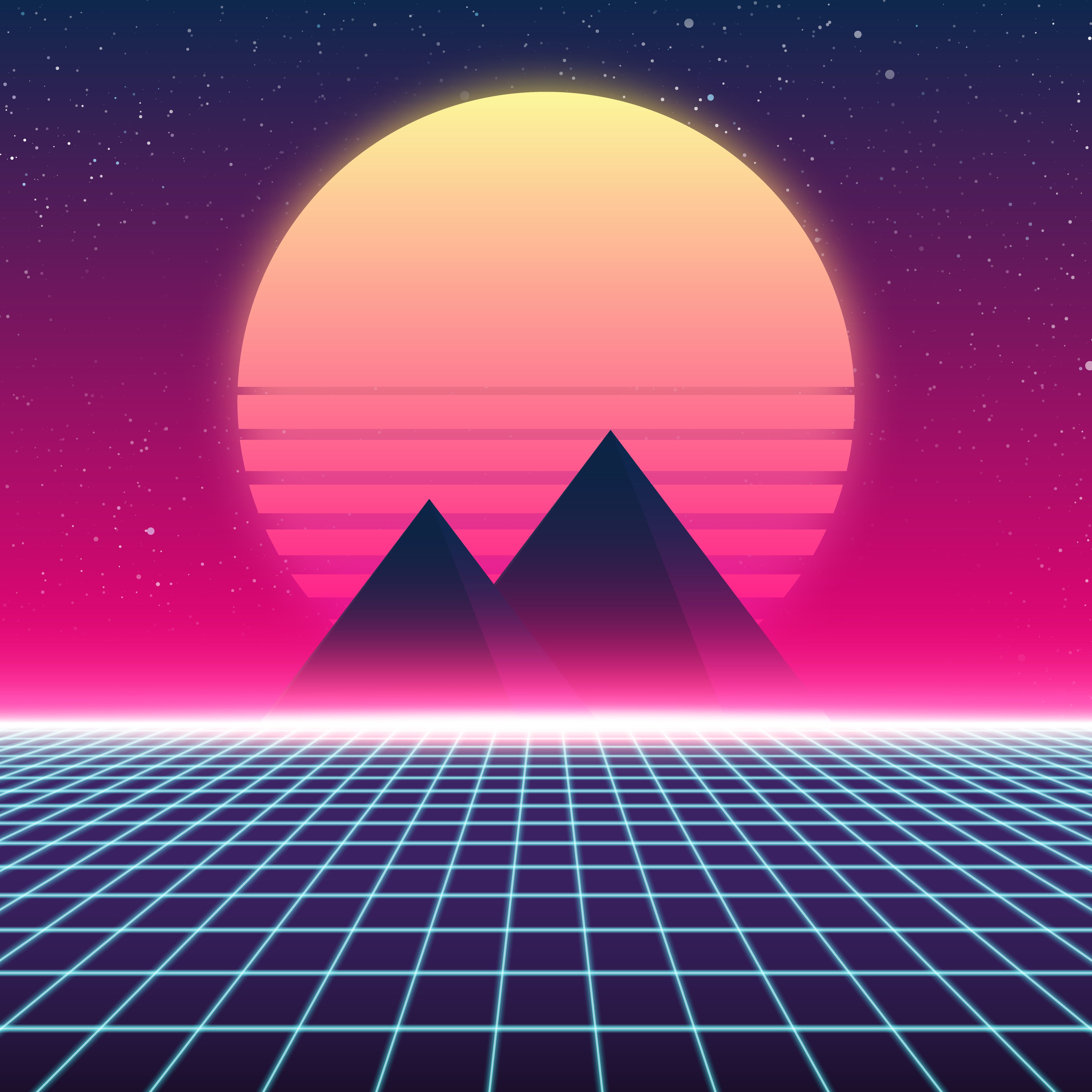 Synthwave retro design, Pyramids and sun, illustration. Synthwave