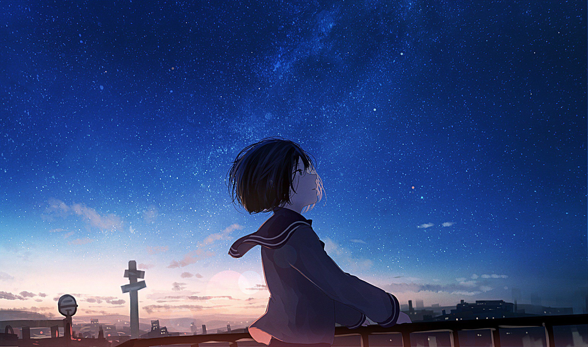 Download A mysterious dark anime boy stares into the distance. Wallpaper