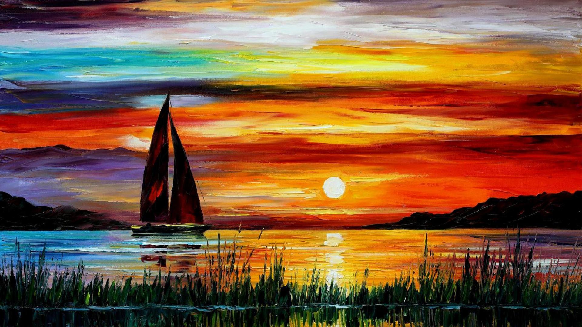 Free download Sunset Boats Oil Paintings HD Wallpaper 1920x1080