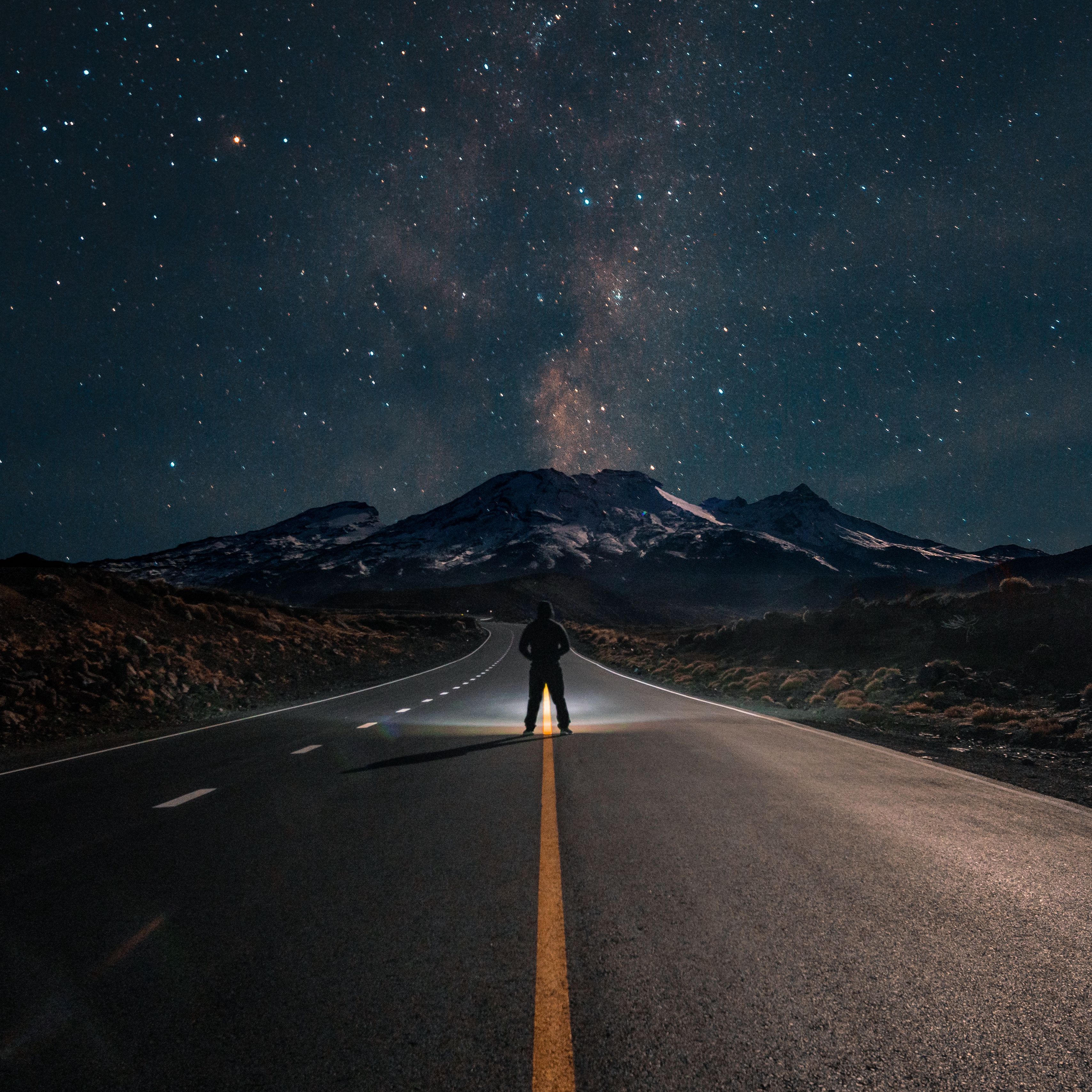 Download wallpaper 3415x3415 road, mountains, night, silhouette