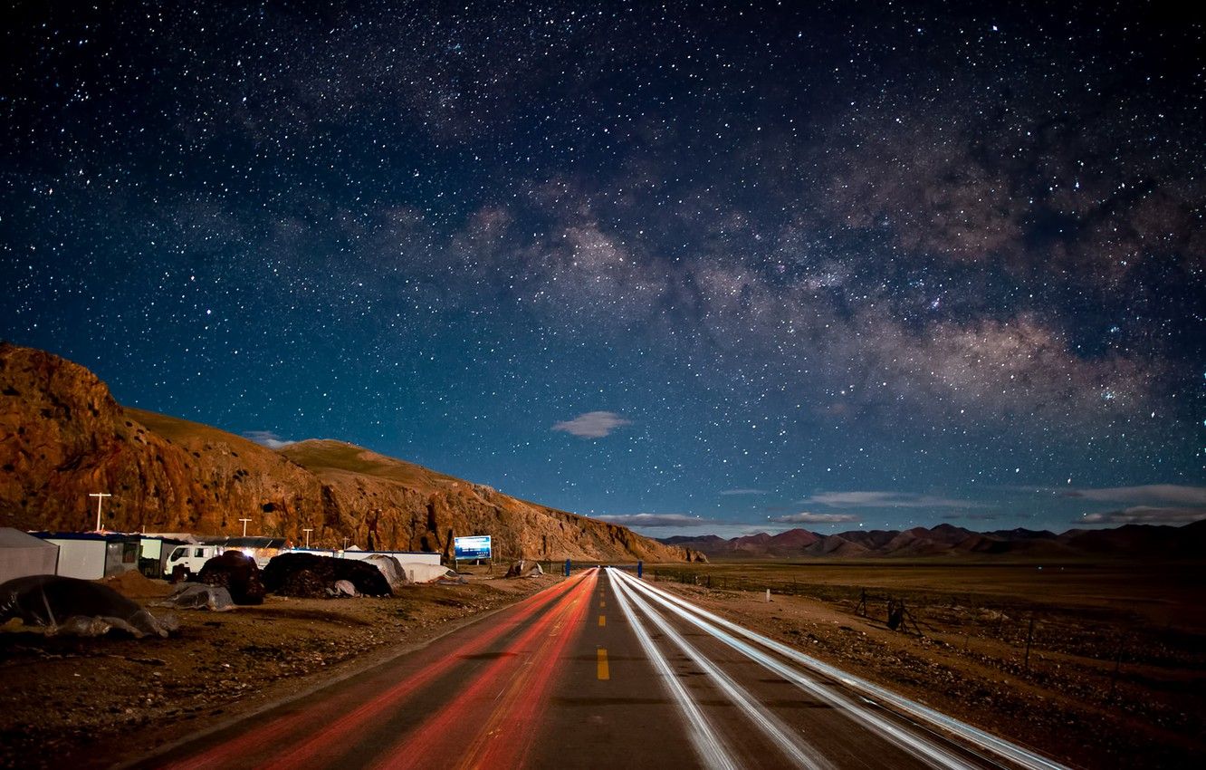 Wallpaper road, the sky, stars, mountains, night, China, china